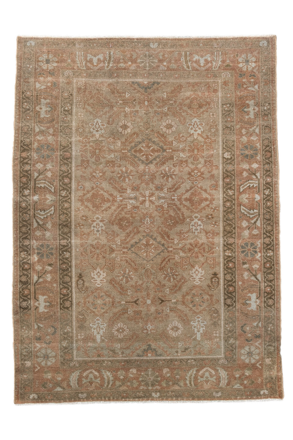 3' x 4' one-of-a-kind handmade vintage Malayer small size rug. Color palette: taupe, terra cotta, camel, ivory, olive, brown