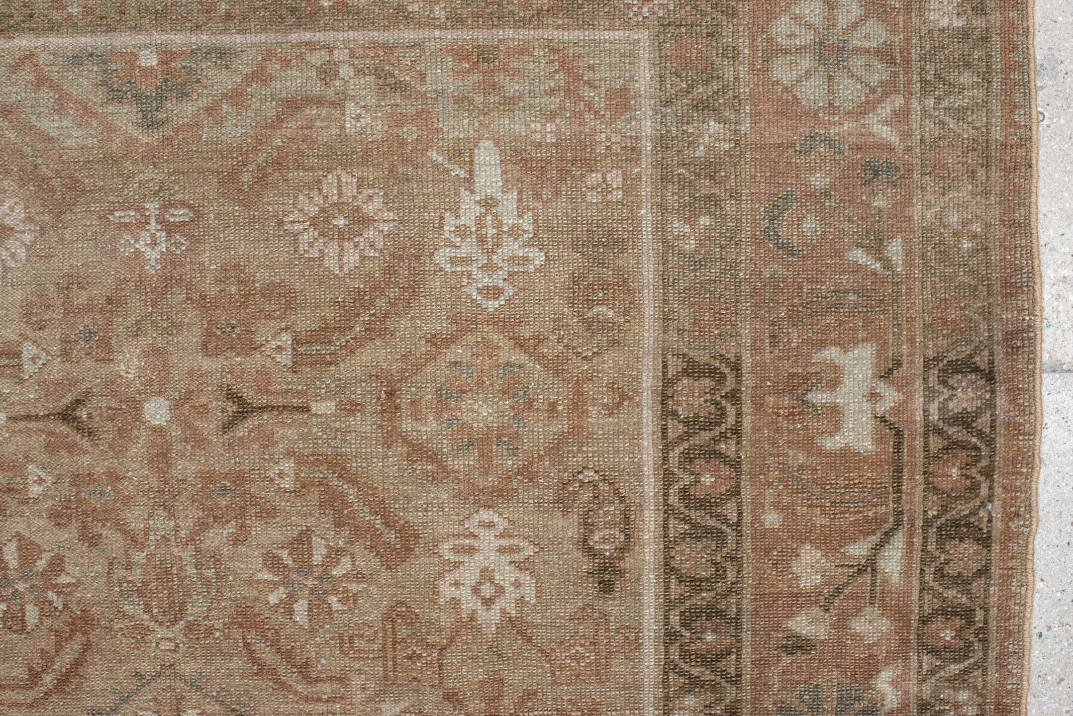 3' x 4' one-of-a-kind handmade vintage Malayer small size rug. Color palette: taupe, terra cotta, camel, ivory, olive, brown