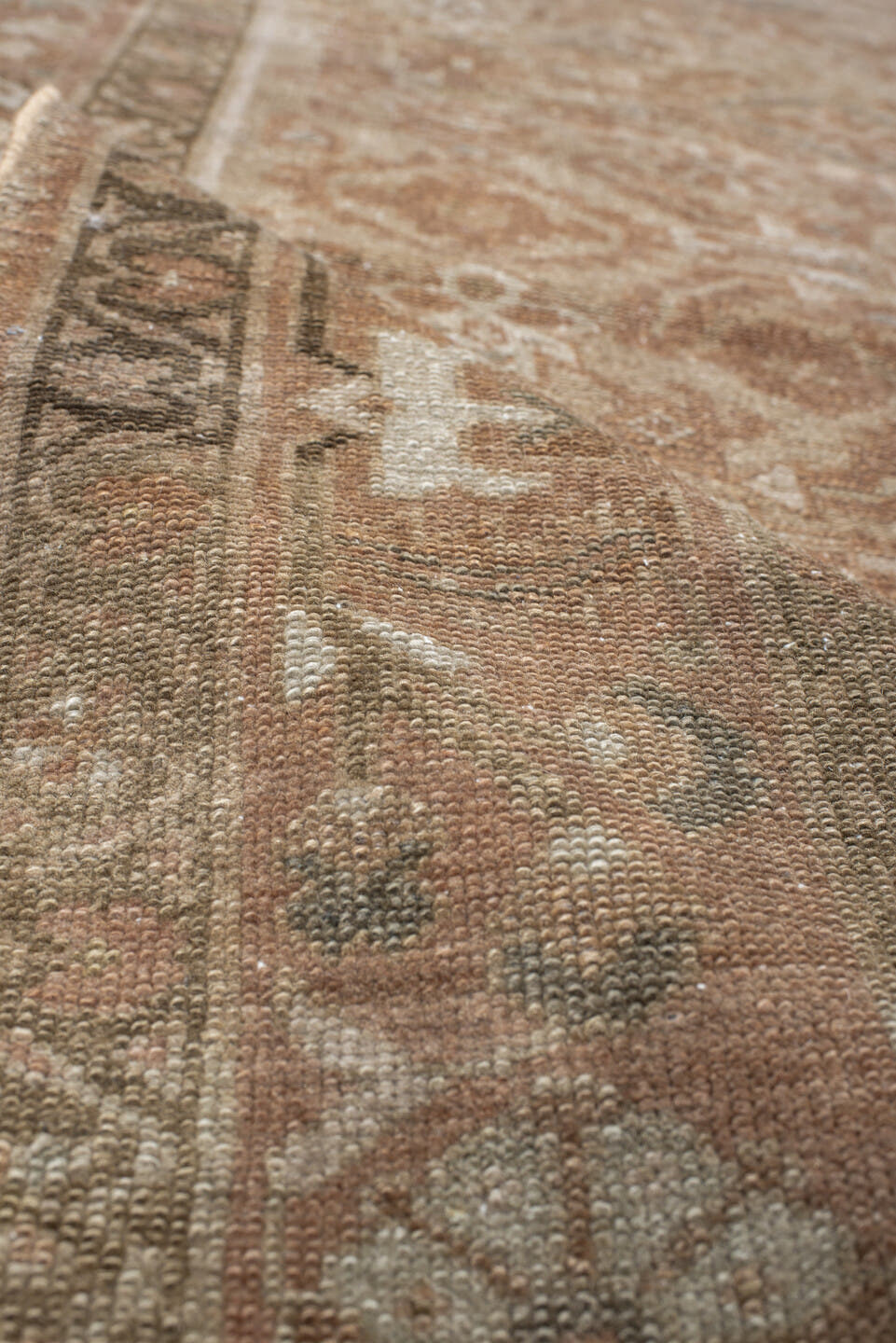 3' x 4' one-of-a-kind handmade vintage Malayer small size rug. Color palette: taupe, terra cotta, camel, ivory, olive, brown