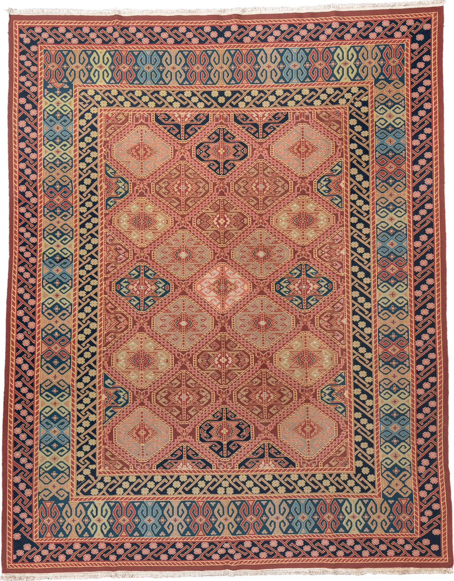 8' x 11' one-of-a-kind handmade vintage Sumak large size rug. Color palette: terra cotta, navy, ivory, sky blue, rust, rose