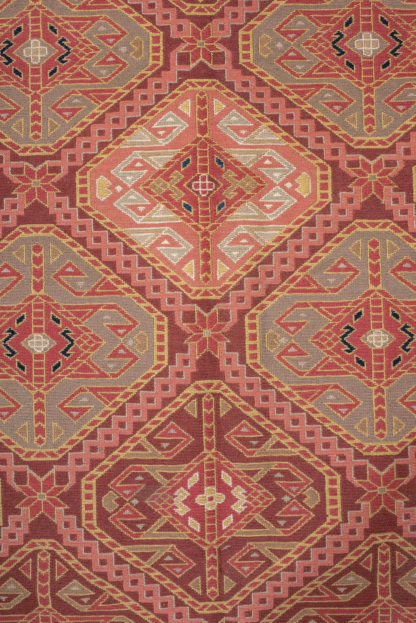 8' x 11' one-of-a-kind handmade vintage Sumak large size rug. Color palette: terra cotta, navy, ivory, sky blue, rust, rose