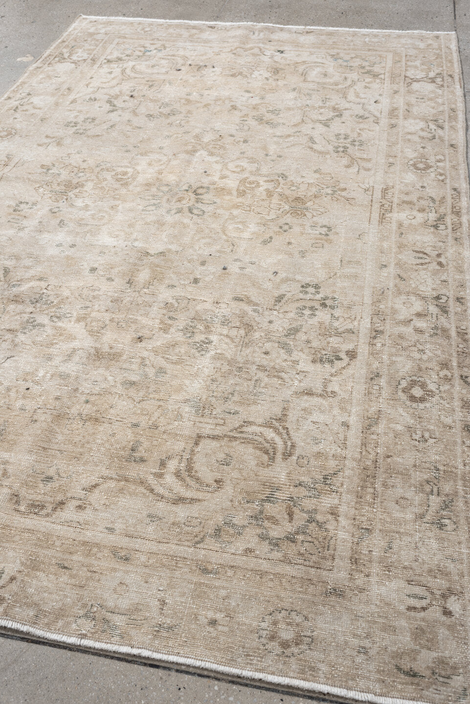 5' x 7' one-of-a-kind handmade vintage Hamadan medium size rug. Color palette: ivory, beige, taupe, sand, pale blue, greige