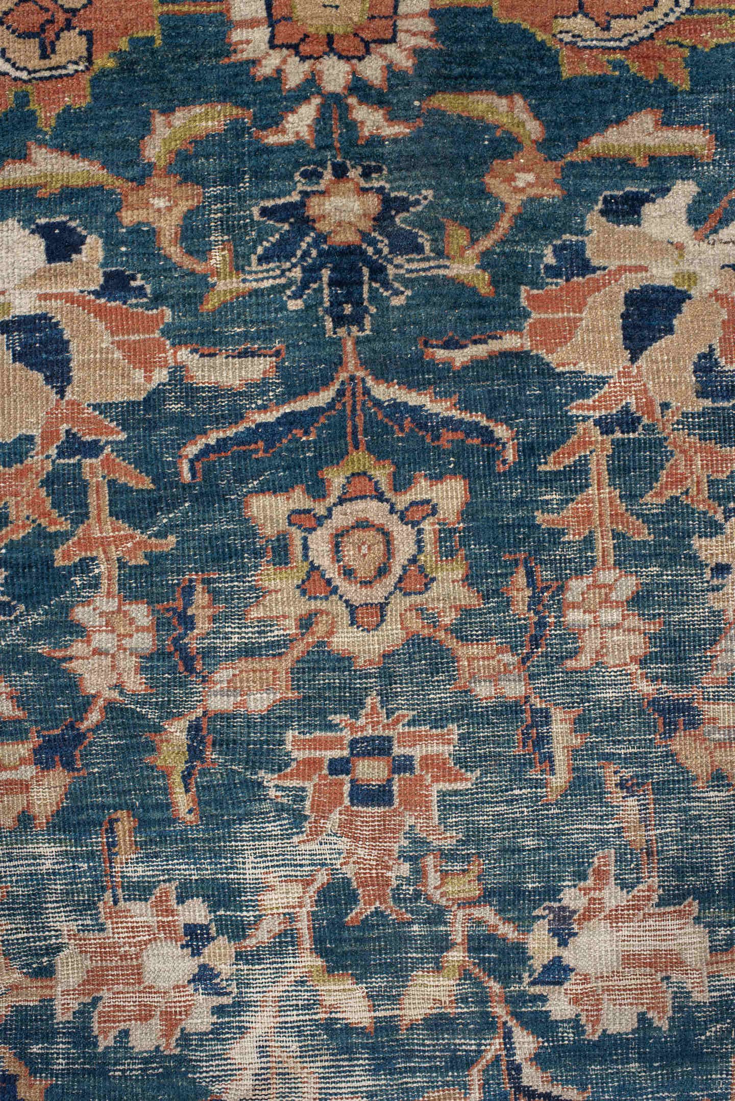 10' x 13' one-of-a-kind handmade antique Sultanabad large size rug. Color palette: blue, terra cotta, ivory, navy, beige