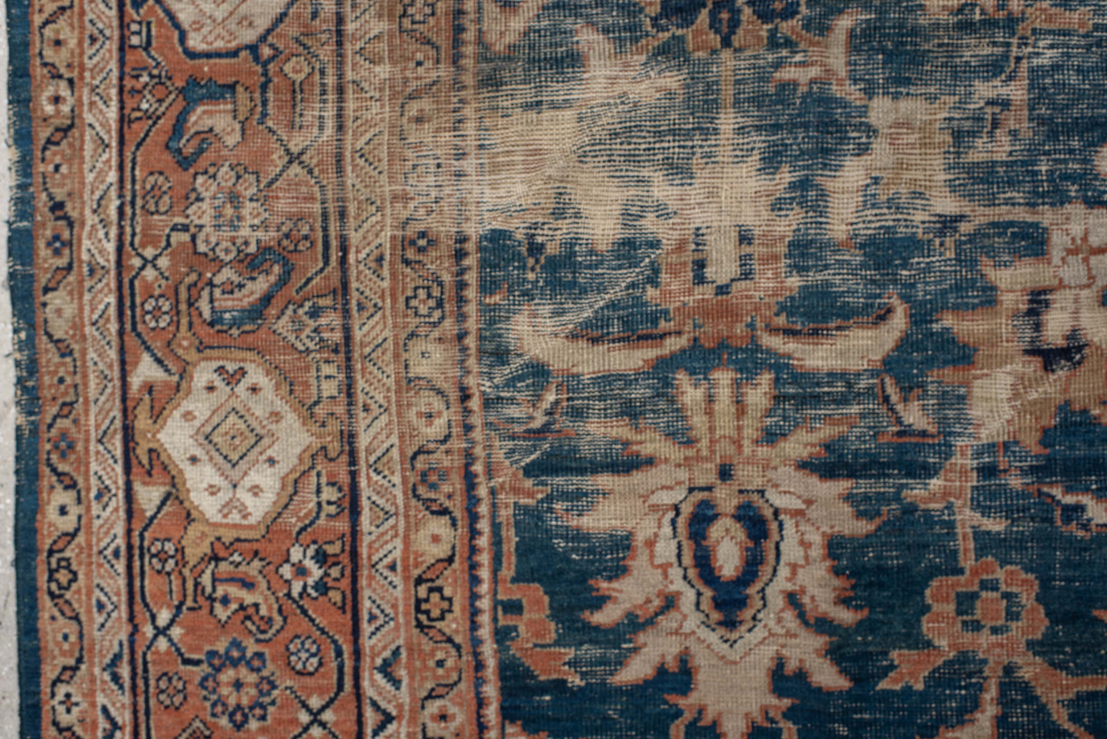 10' x 13' one-of-a-kind handmade antique Sultanabad large size rug. Color palette: blue, terra cotta, ivory, navy, beige