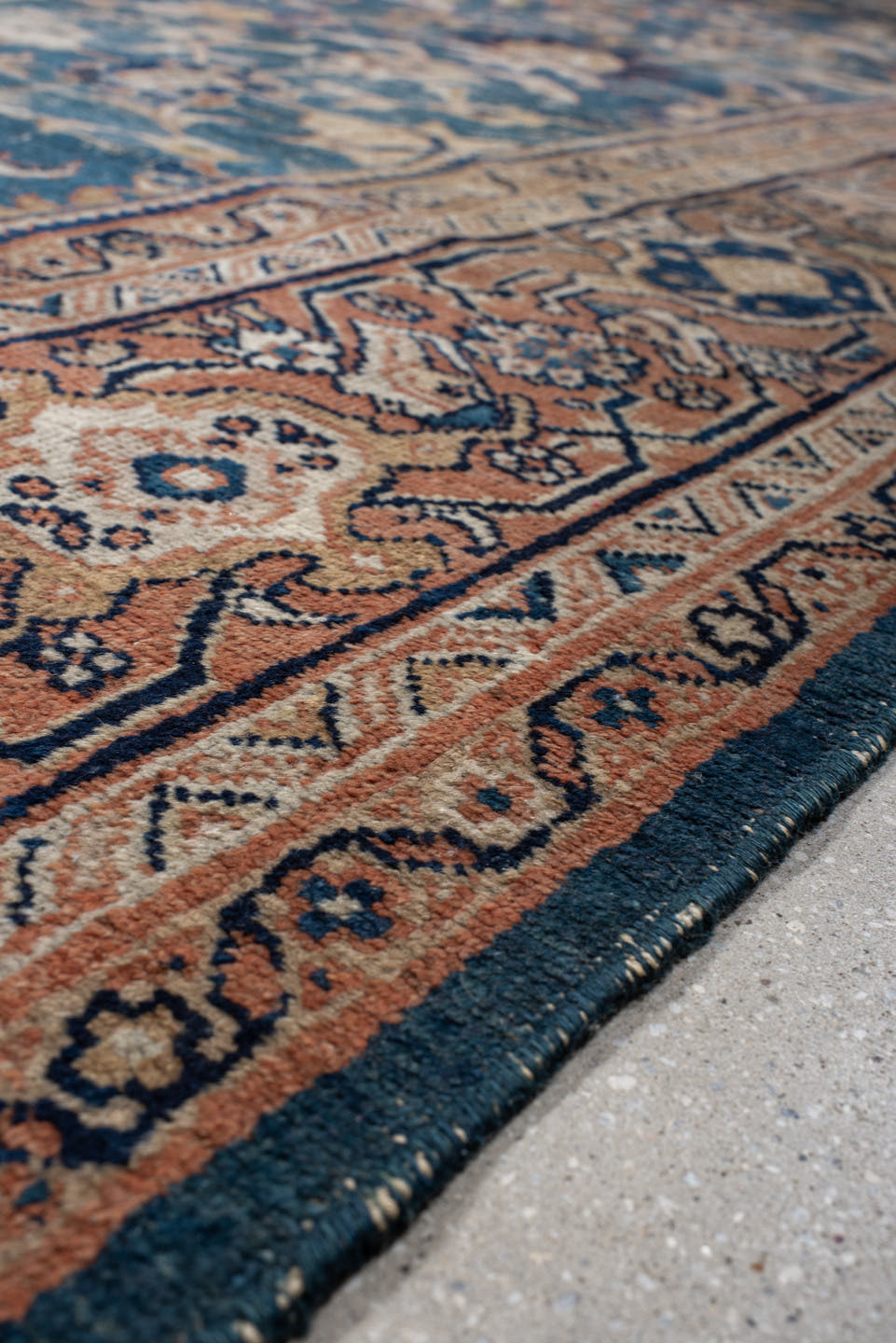 10' x 13' one-of-a-kind handmade antique Sultanabad large size rug. Color palette: blue, terra cotta, ivory, navy, beige