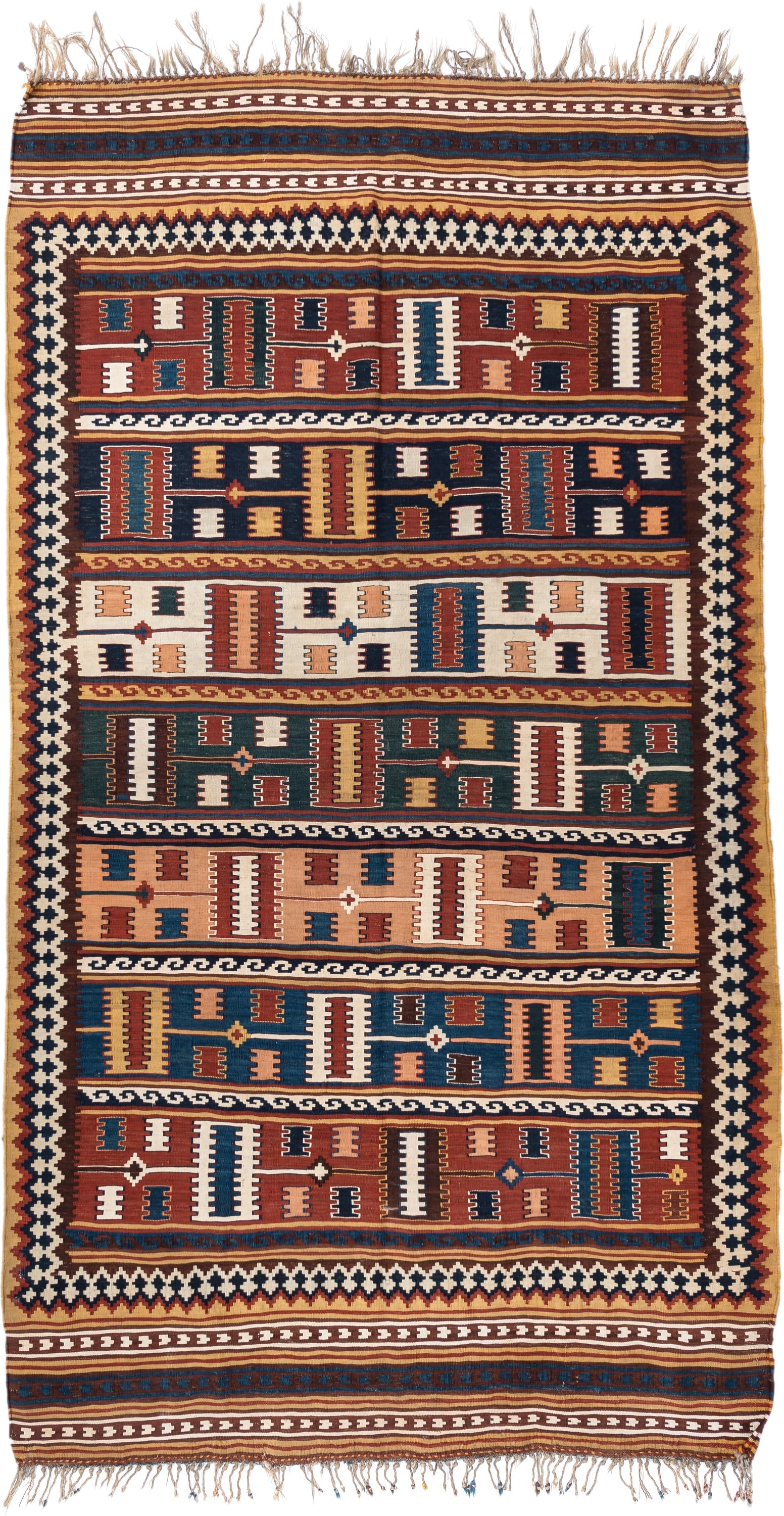 5' x 9' one-of-a-kind handmade vintage Kilim medium size rug. Color palette: rust, ivory, indigo, camel, teal, brown, navy