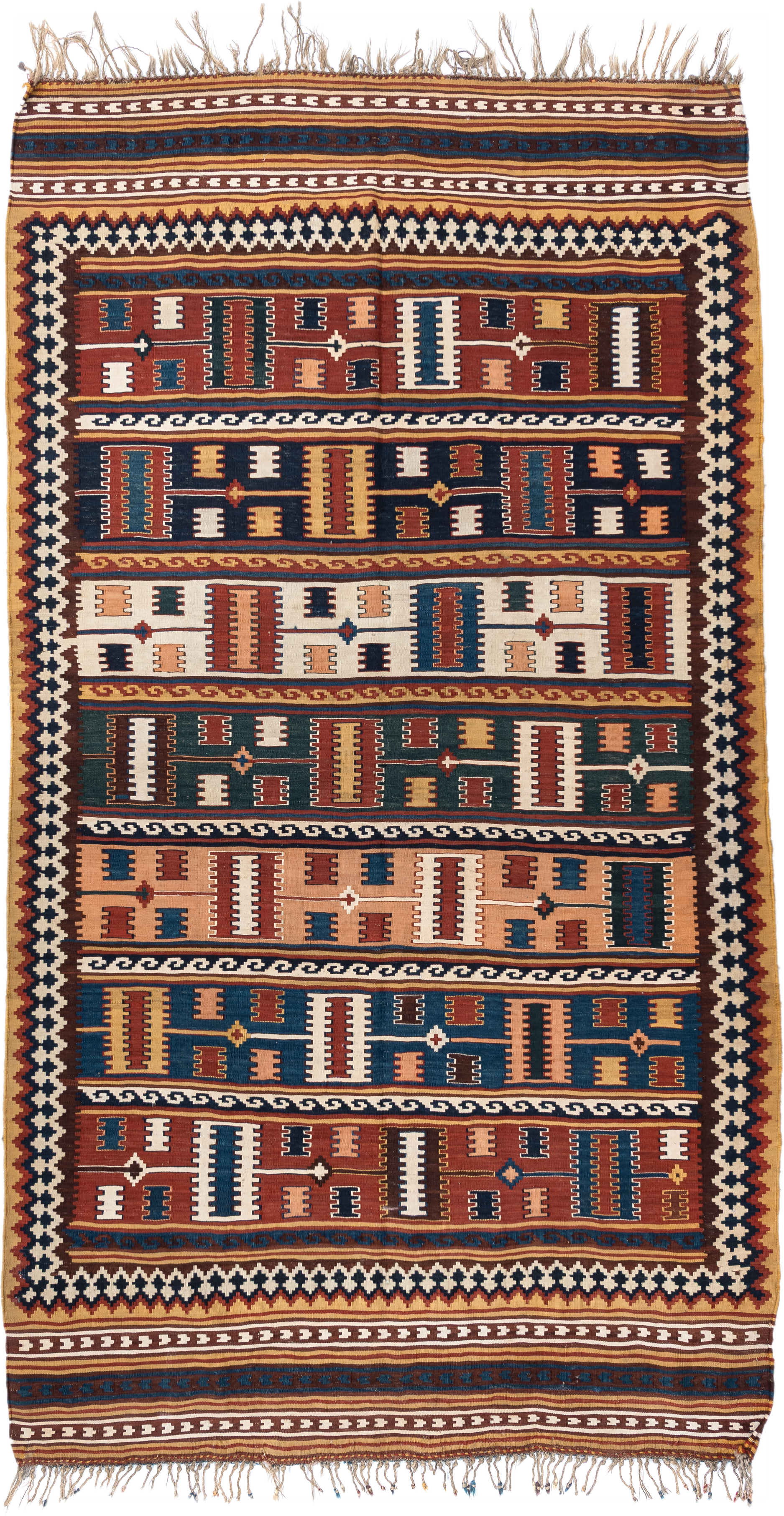 5' x 9' one-of-a-kind handmade vintage Kilim medium size rug. Color palette: rust, ivory, indigo, camel, teal, brown, navy