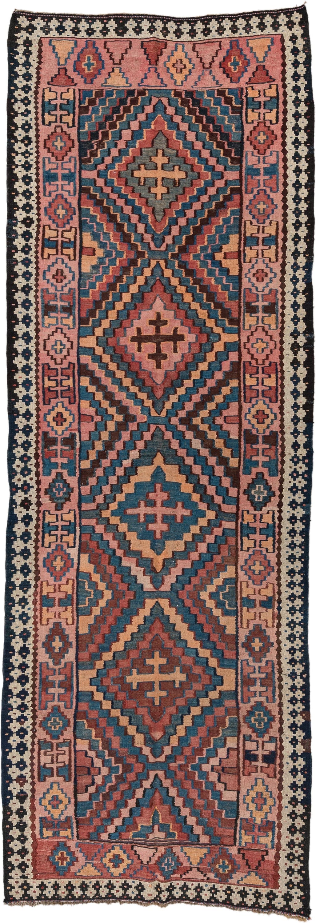 5' x 14' one-of-a-kind handmade vintage Kilim runner rug. Color palette: rose, indigo, ivory, rust, teal, camel, charcoal
