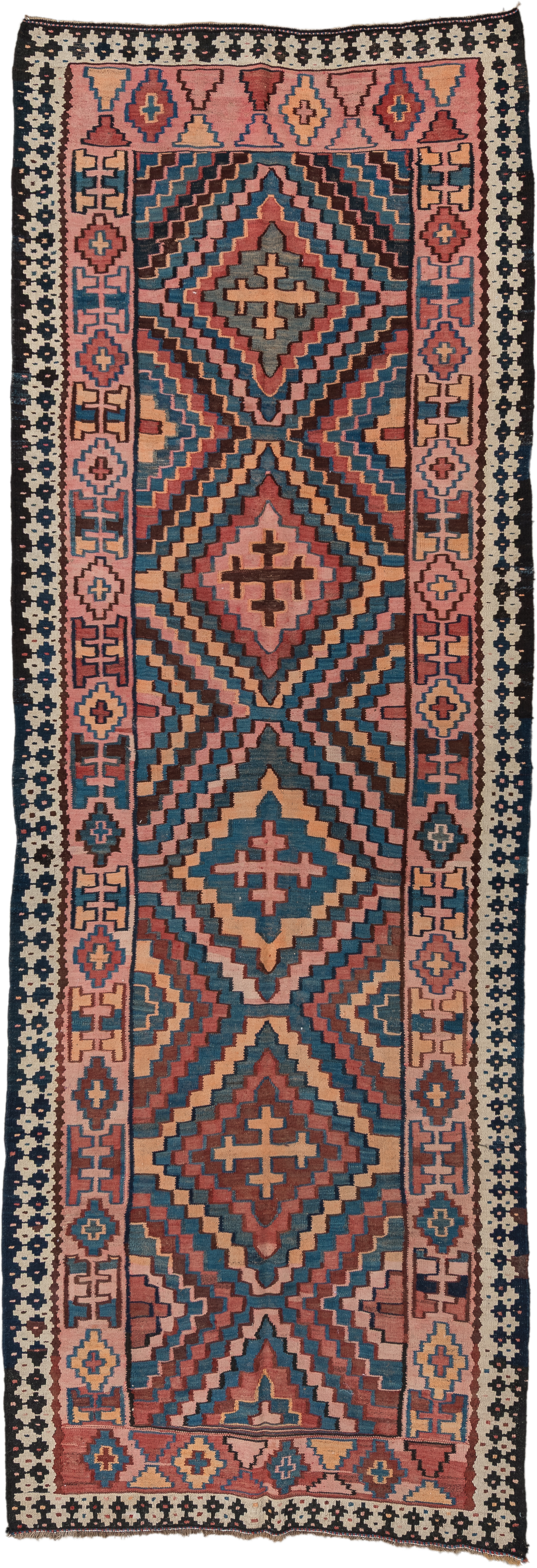 5' x 14' one-of-a-kind handmade vintage Kilim runner rug. Color palette: rose, indigo, ivory, rust, teal, camel, charcoal