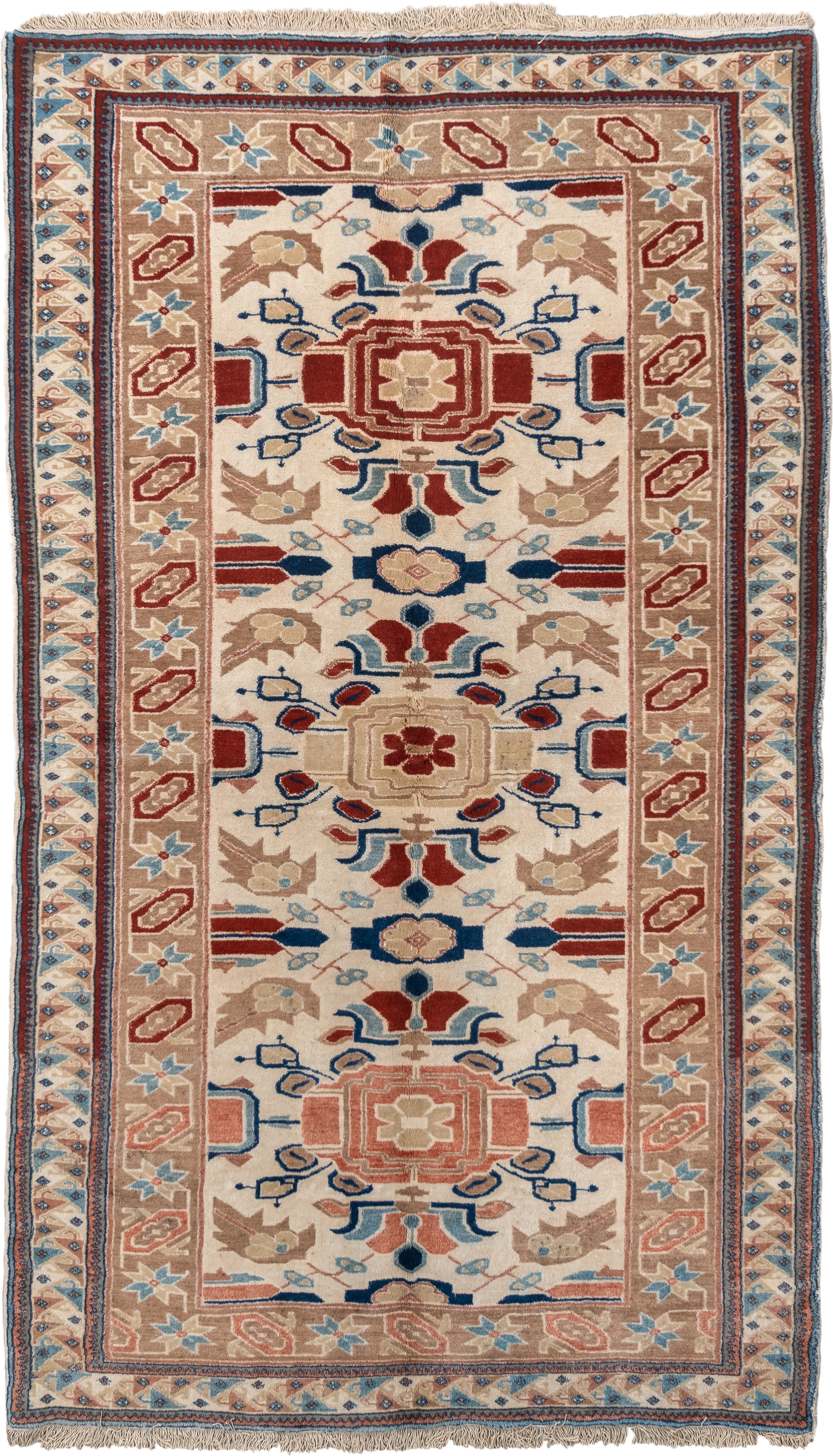 4' x 7' one-of-a-kind handmade vintage Ardebil rug. Color palette: ivory, camel, rust, sky blue, navy, taupe, terracotta