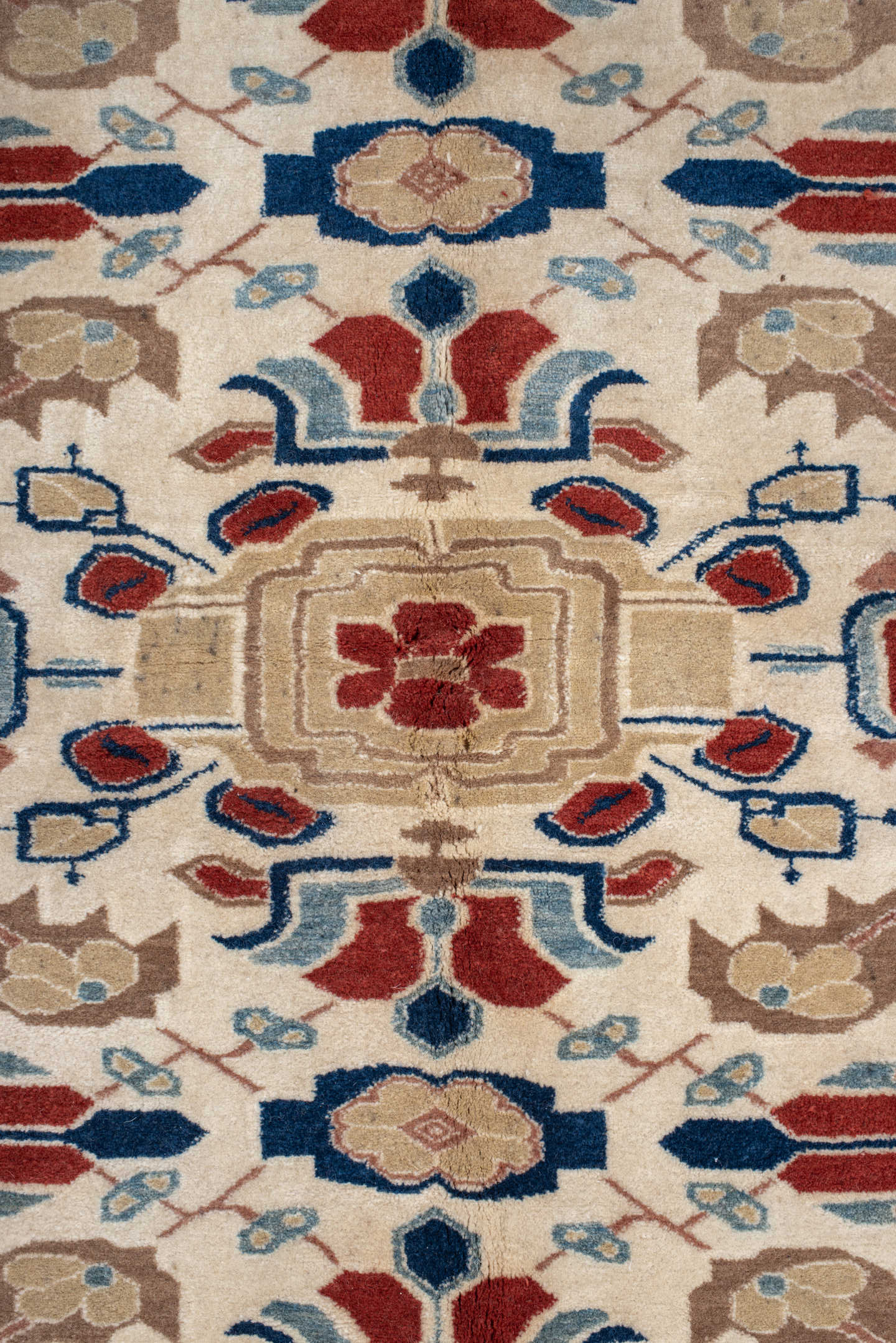 4' x 7' one-of-a-kind handmade vintage Ardebil rug. Color palette: ivory, camel, rust, sky blue, navy, taupe, terracotta