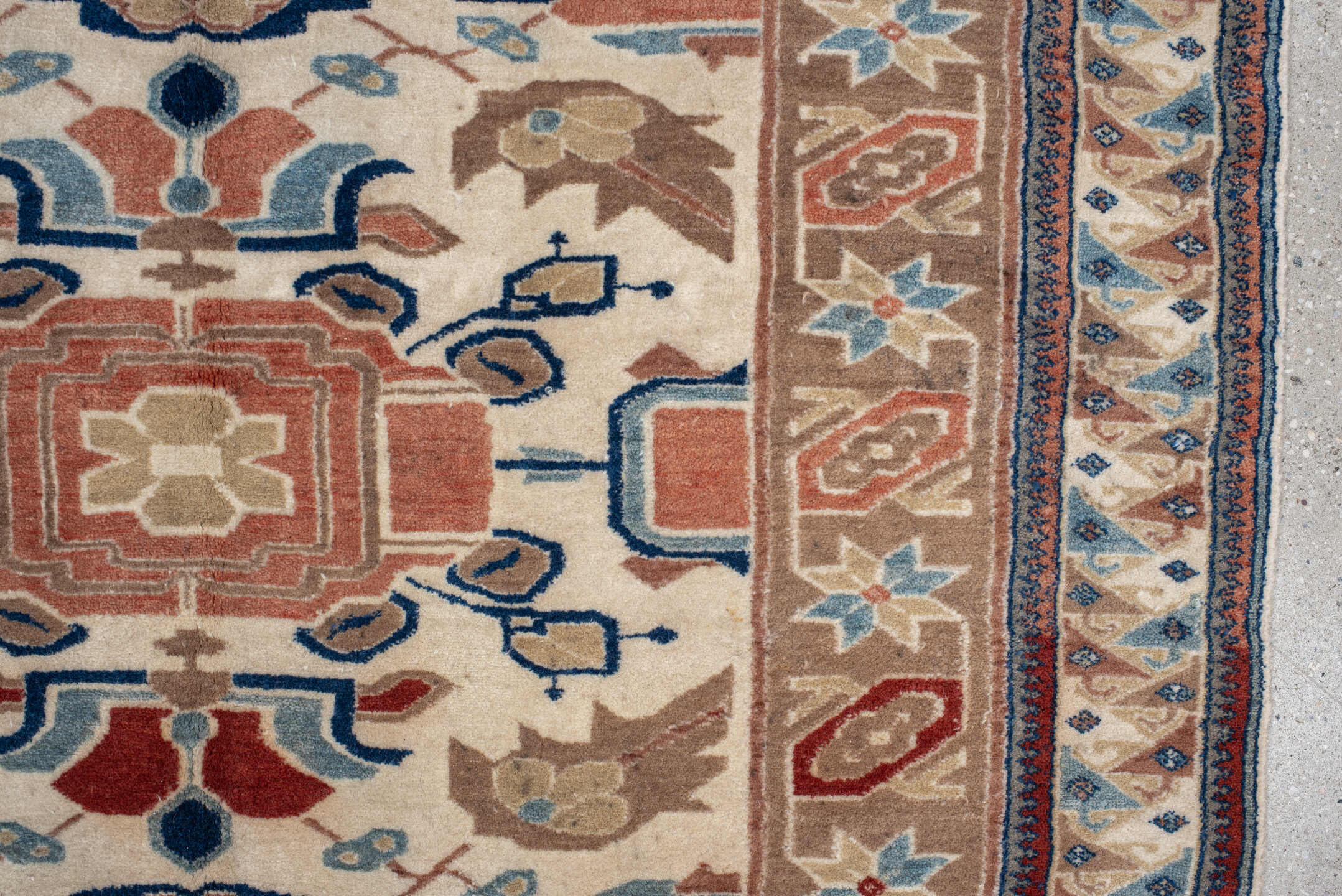 4' x 7' one-of-a-kind handmade vintage Ardebil rug. Color palette: ivory, camel, rust, sky blue, navy, taupe, terracotta