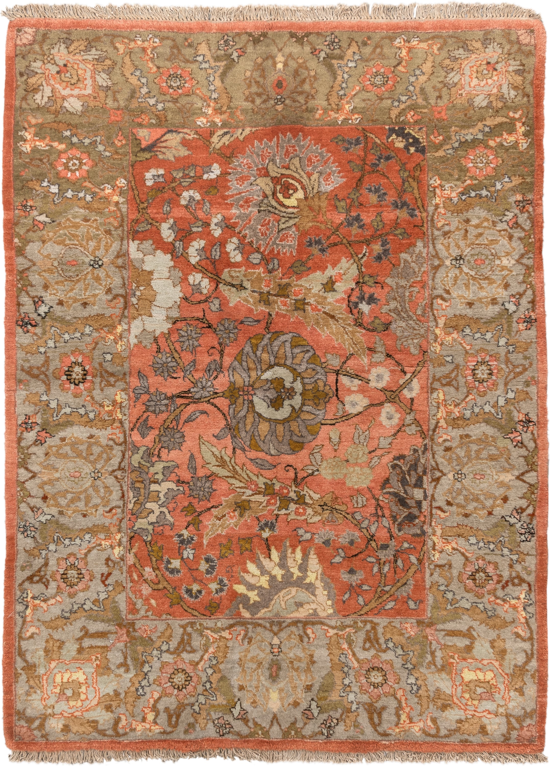 4' x 6' one-of-a-kind handmade vintage Bidjar small size rug. Color palette: coral, taupe, sage, ivory, camel, slate