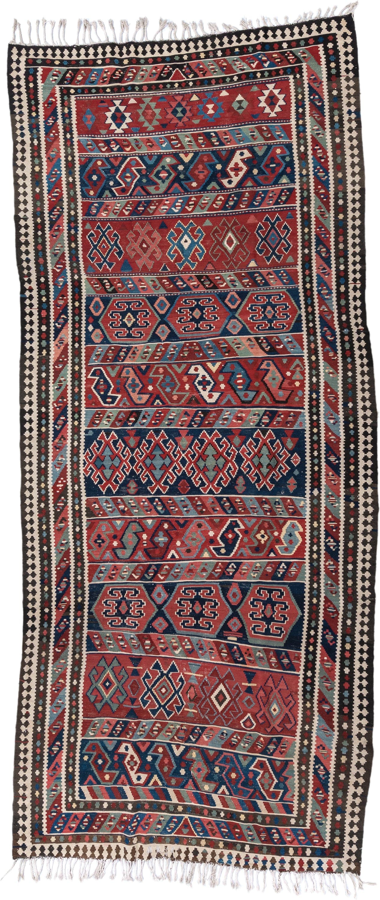 6' x 13' one-of-a-kind handmade vintage Kilim large size rug. Color palette: rust, navy, ivory, sky blue, black, rose, taupe