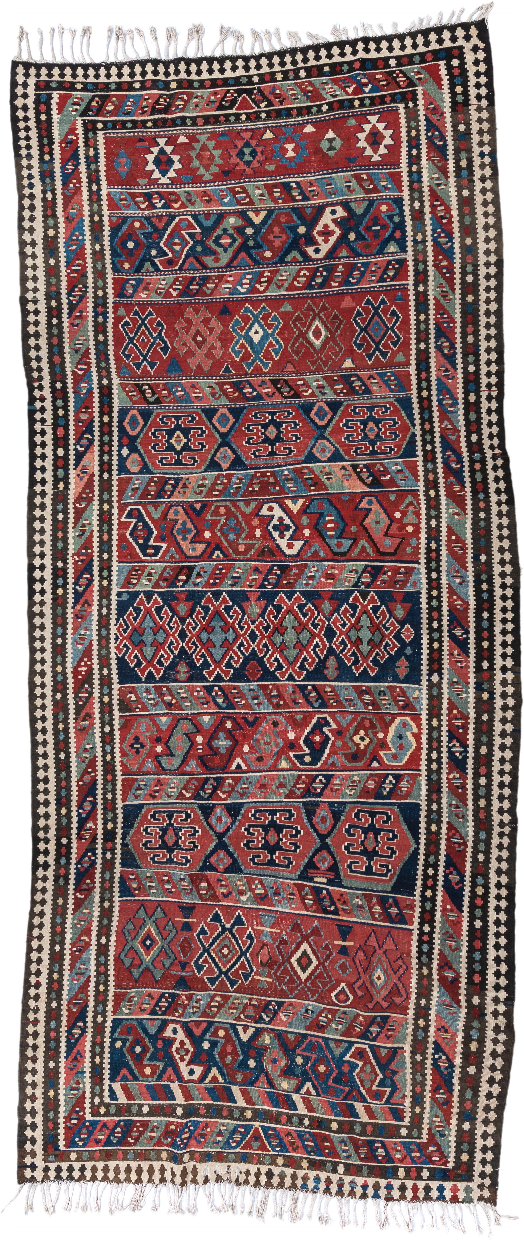 6' x 13' one-of-a-kind handmade vintage Kilim large size rug. Color palette: rust, navy, ivory, sky blue, black, rose, taupe