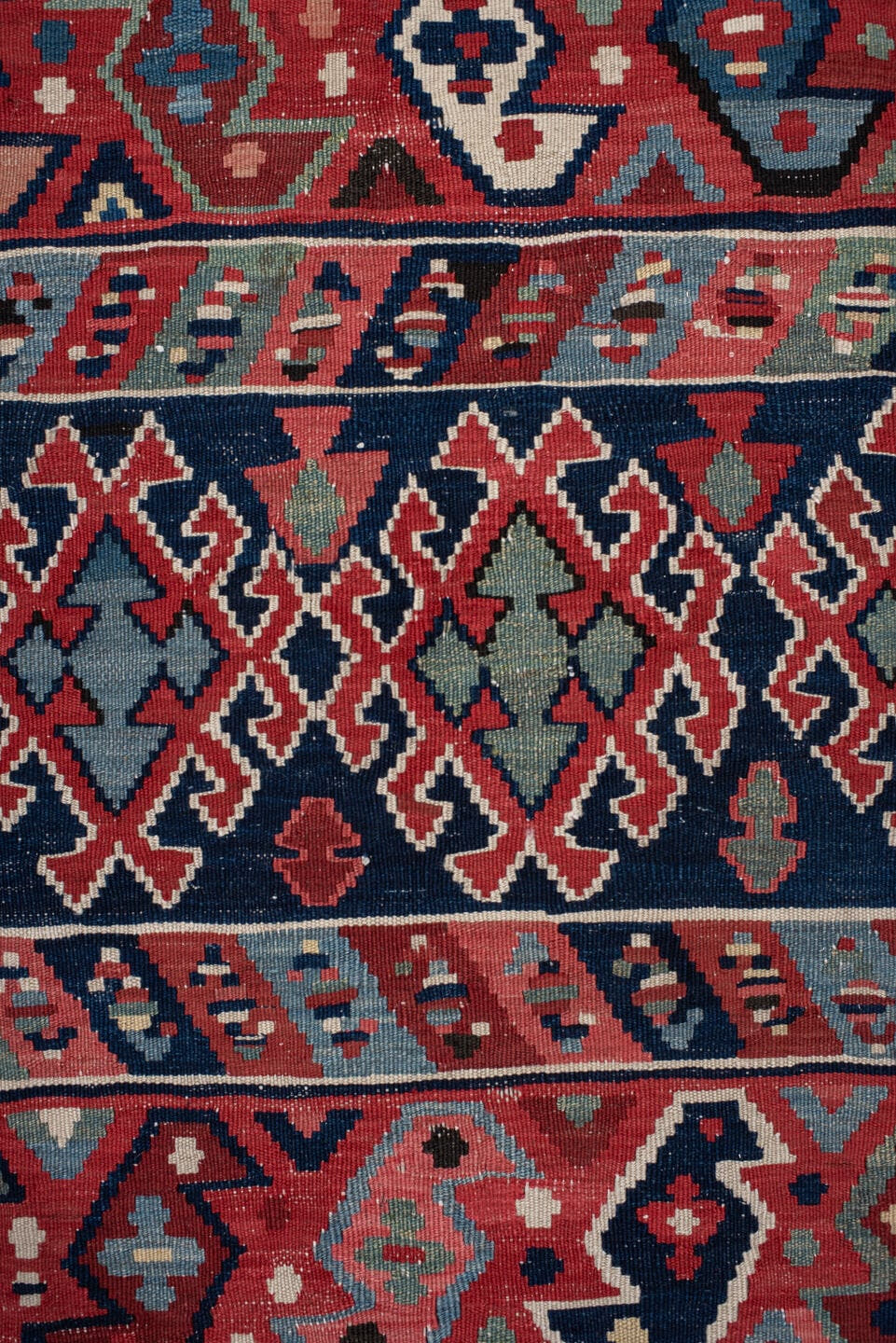 6' x 13' one-of-a-kind handmade vintage Kilim large size rug. Color palette: rust, navy, ivory, sky blue, black, rose, taupe