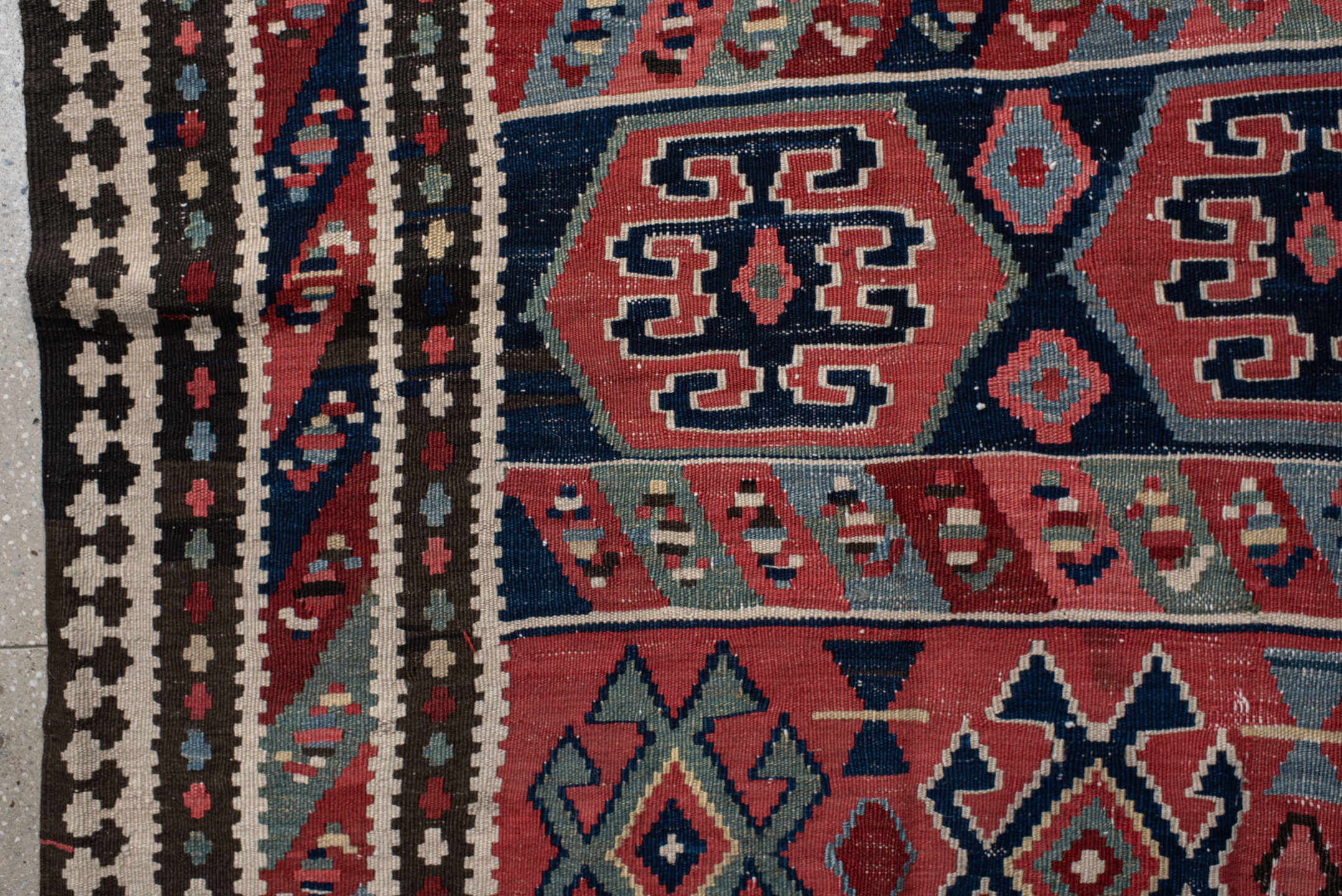 6' x 13' one-of-a-kind handmade vintage Kilim large size rug. Color palette: rust, navy, ivory, sky blue, black, rose, taupe