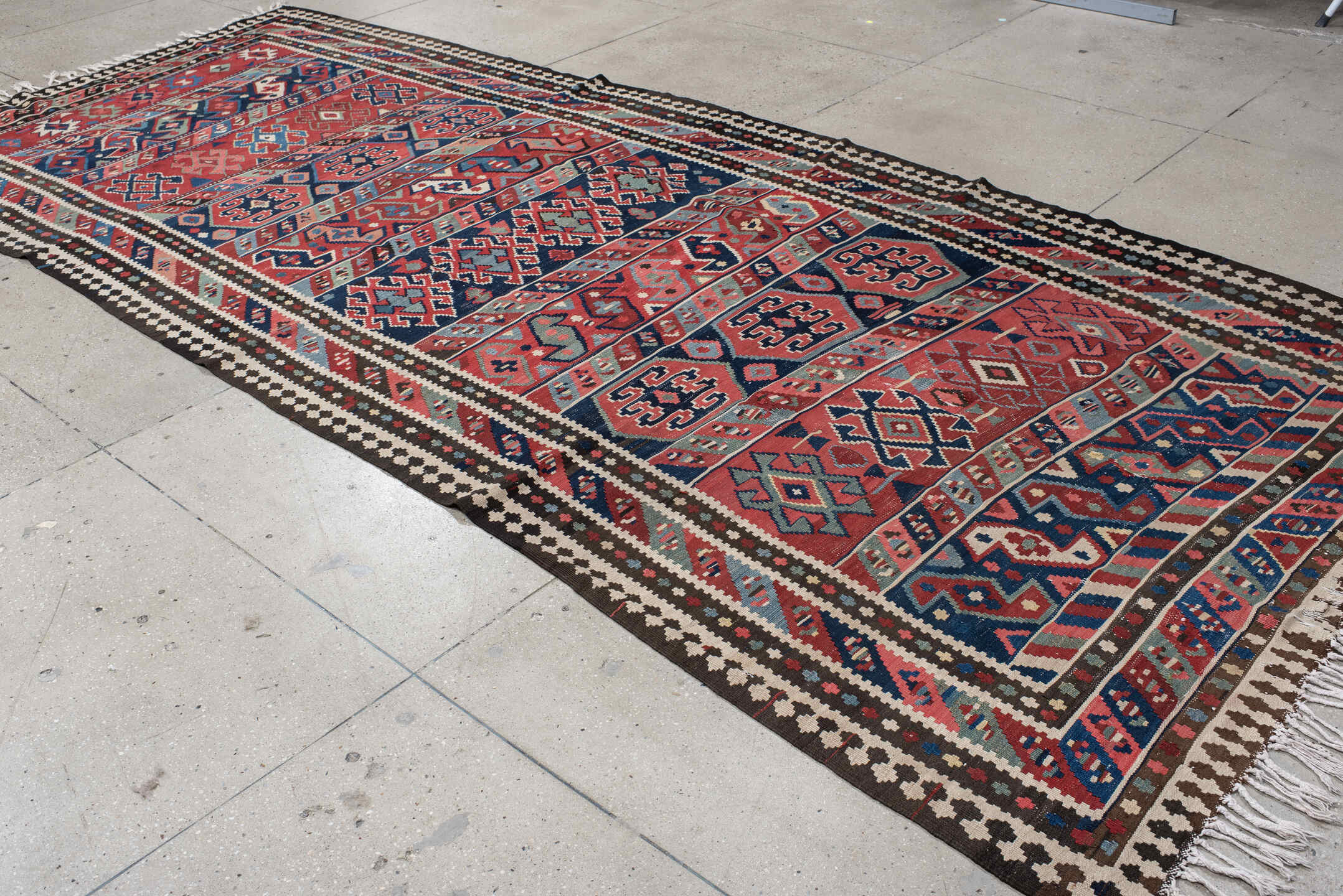 6' x 13' one-of-a-kind handmade vintage Kilim large size rug. Color palette: rust, navy, ivory, sky blue, black, rose, taupe