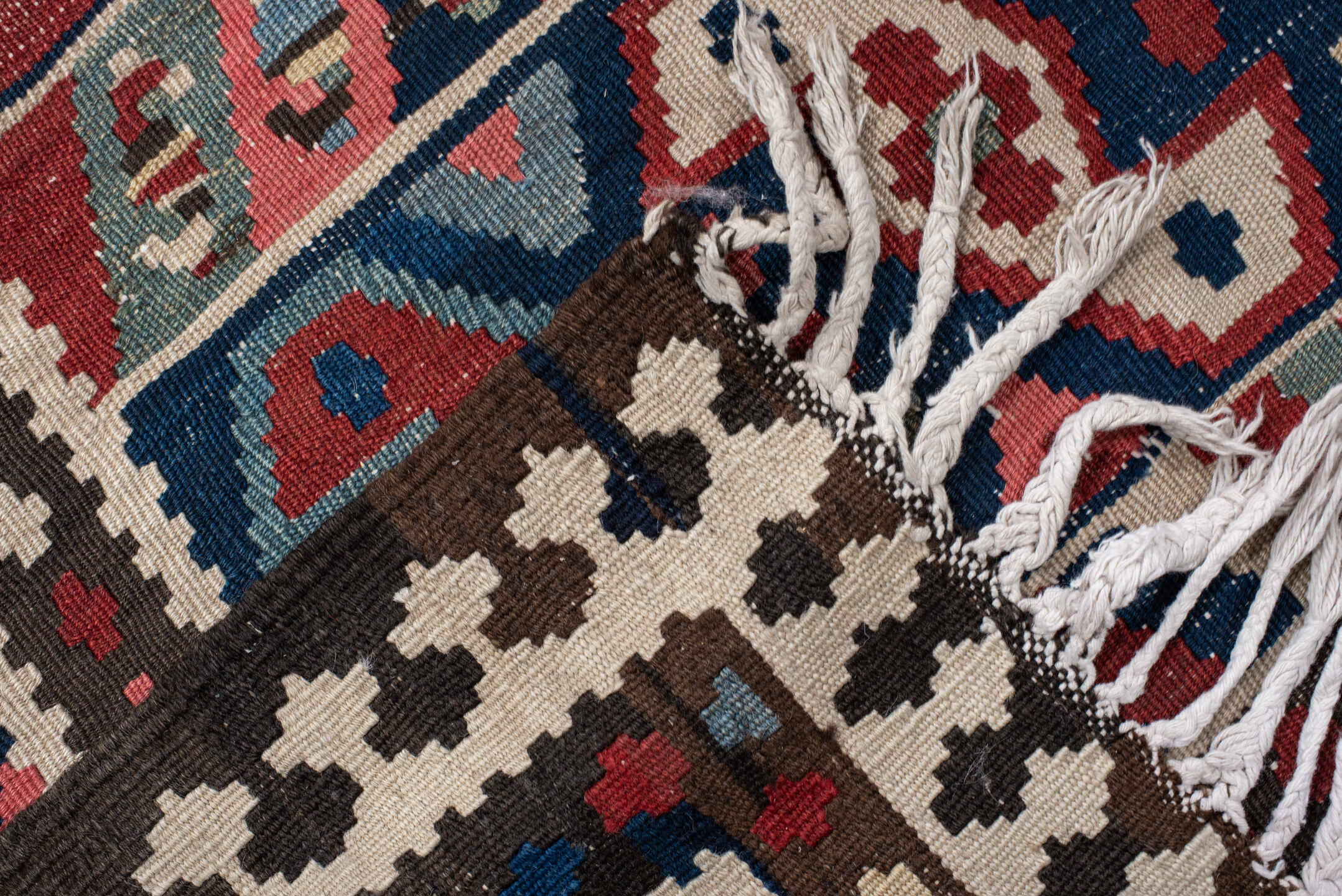 6' x 13' one-of-a-kind handmade vintage Kilim large size rug. Color palette: rust, navy, ivory, sky blue, black, rose, taupe