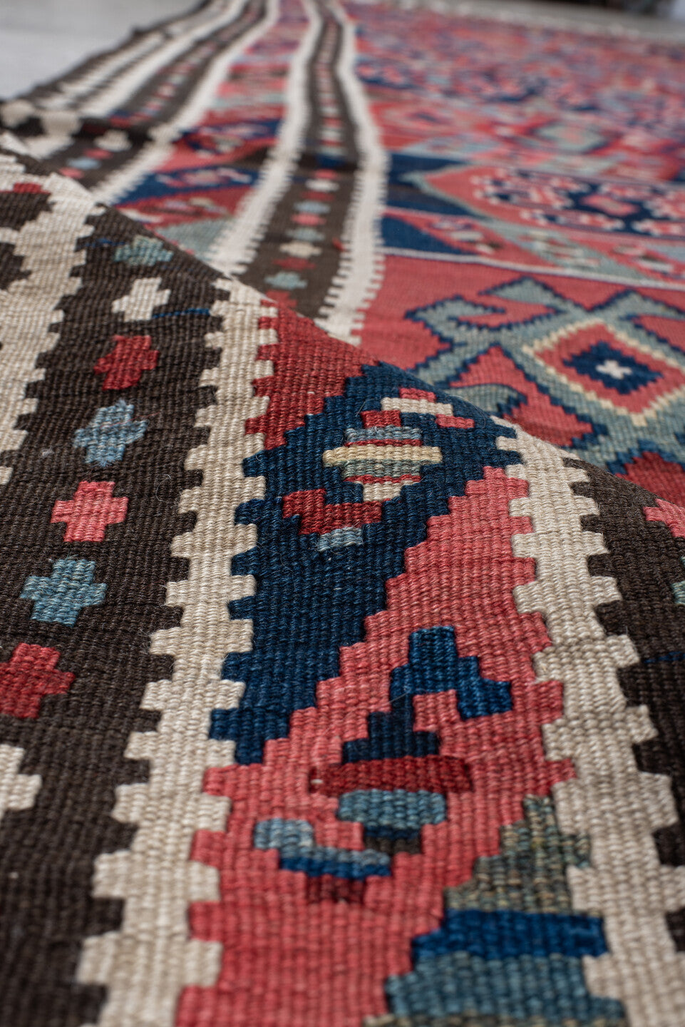 6' x 13' one-of-a-kind handmade vintage Kilim large size rug. Color palette: rust, navy, ivory, sky blue, black, rose, taupe