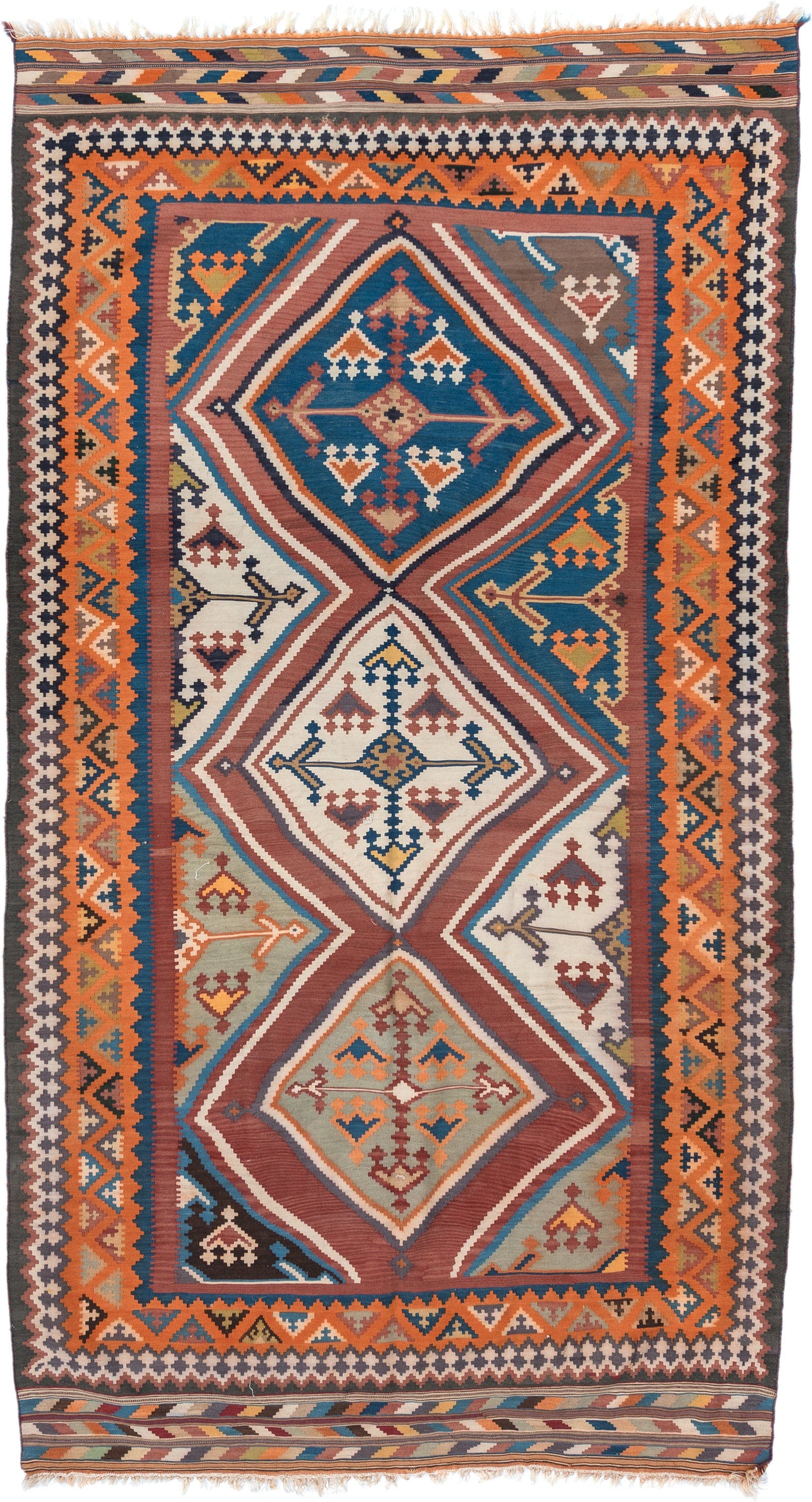 5' x 9' one-of-a-kind handmade vintage Kilim medium size rug. Color palette: terra cotta, ivory, teal, rust, brown, navy