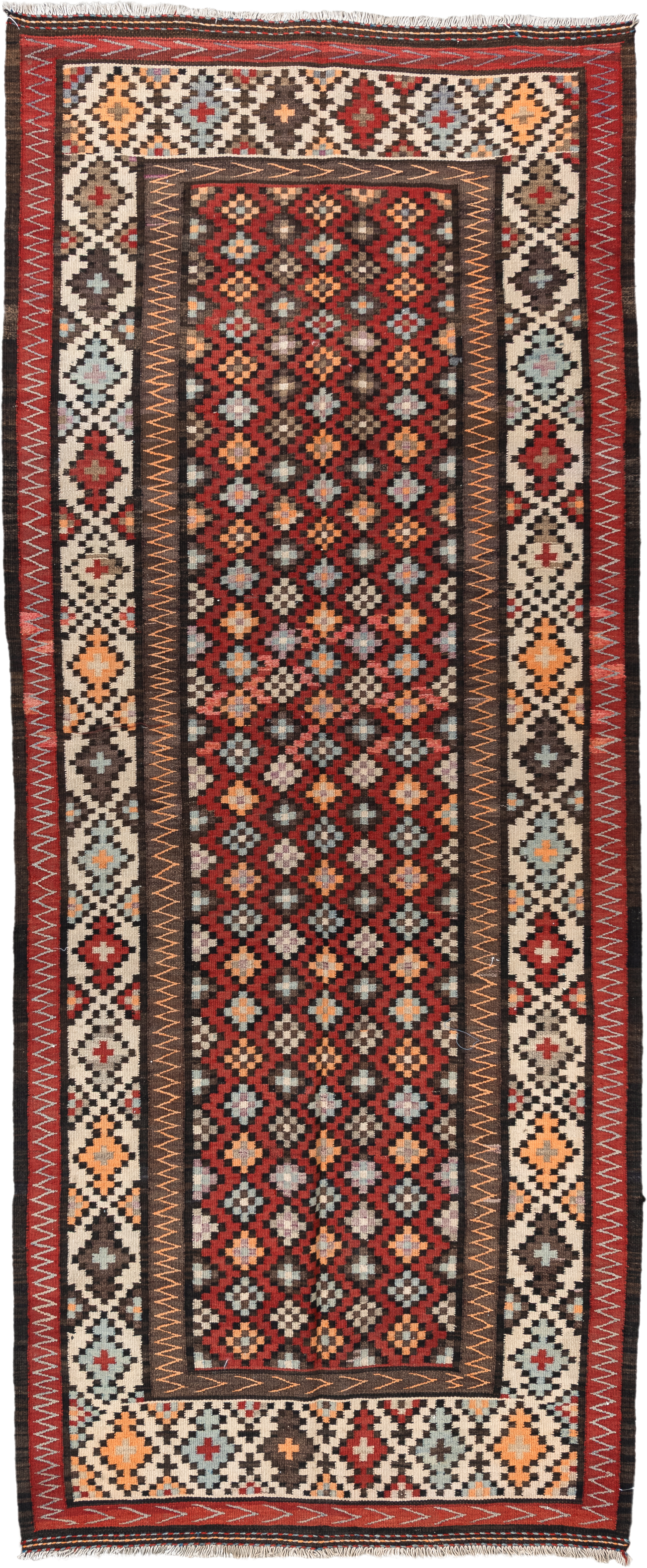 4' x 9' one-of-a-kind handmade vintage Kilim runner rug. Color palette: rust, ivory, charcoal, brown, sky blue, saffron