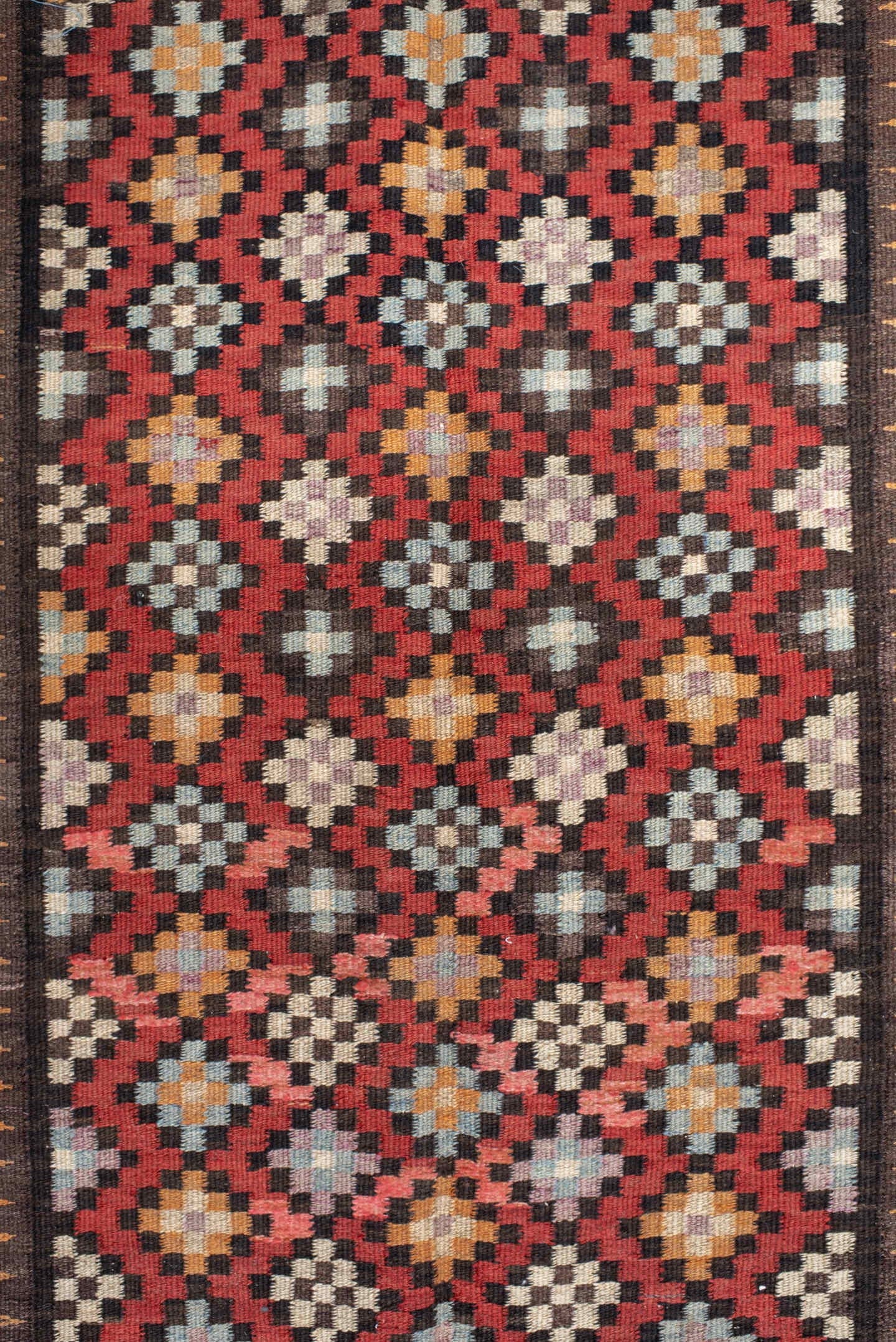 4' x 9' one-of-a-kind handmade vintage Kilim runner rug. Color palette: rust, ivory, charcoal, brown, sky blue, saffron