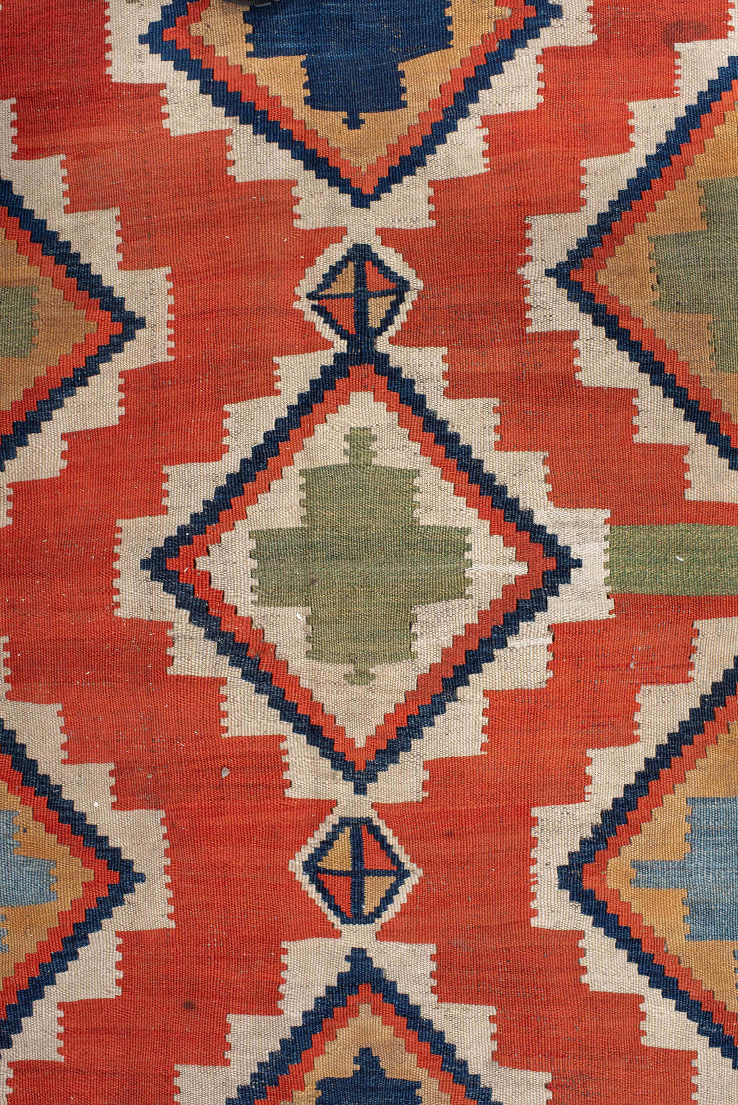4' x 8' one-of-a-kind handmade vintage Kilim rug. Color palette: rust, ivory, sky_blue, navy, brown, camel, olive, coral
