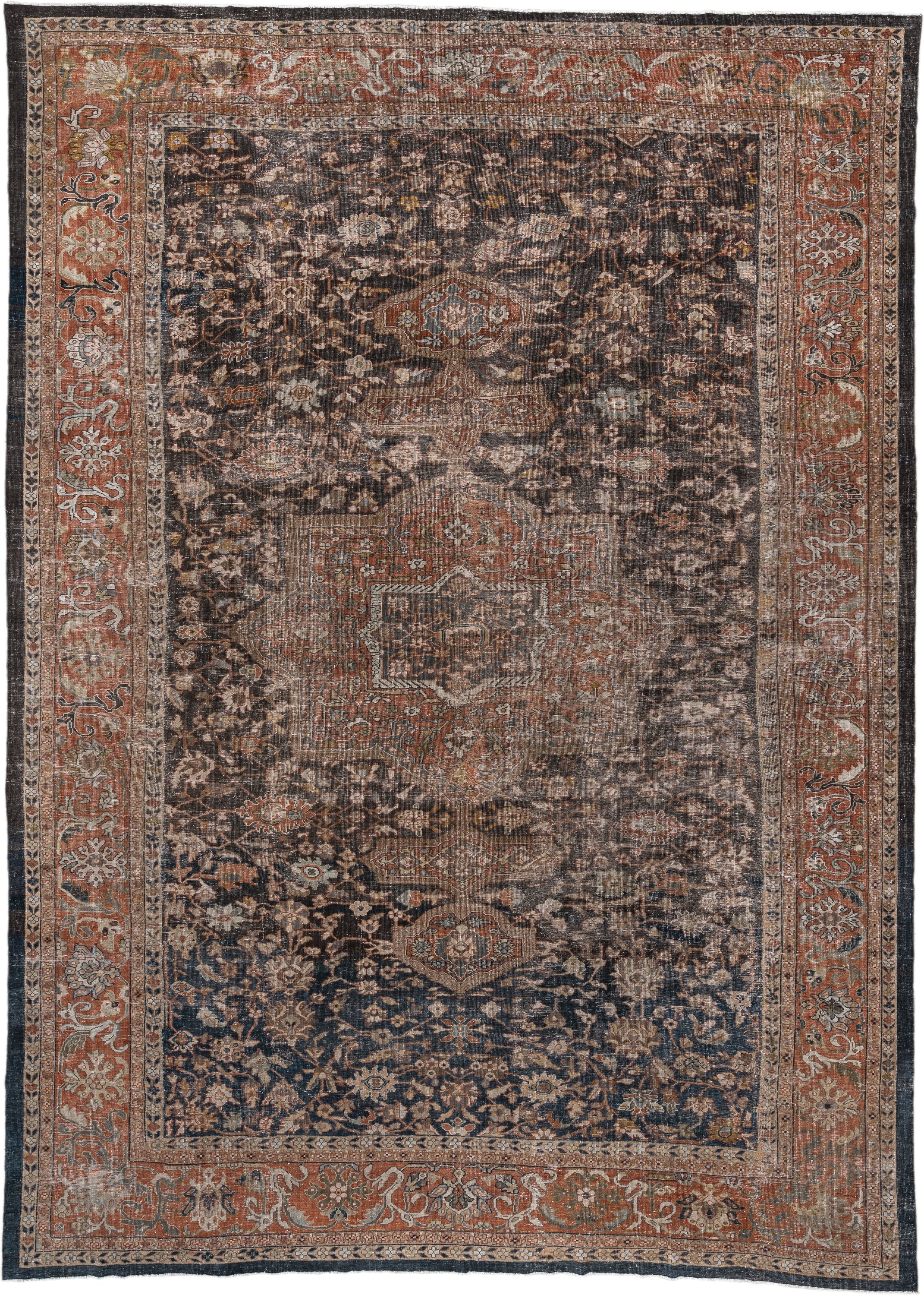 12' x 17' one-of-a-kind handmade antique Mahal oversize rug. Color palette: charcoal, rust, ivory, taupe, slate, camel, sage