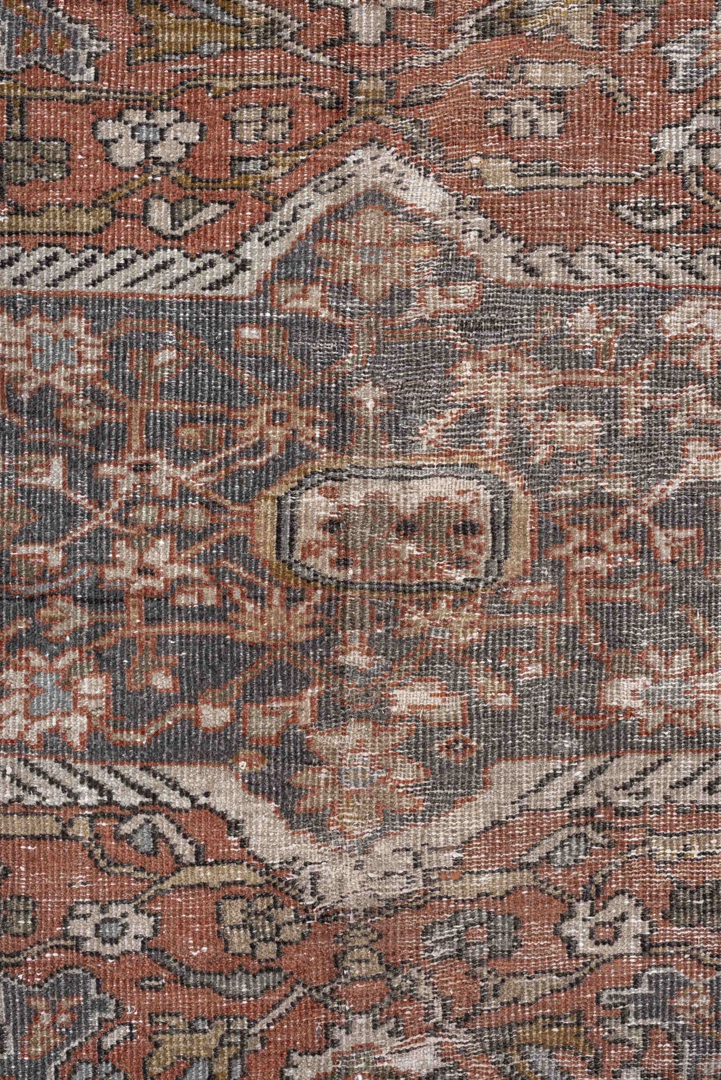 12' x 17' one-of-a-kind handmade antique Mahal oversize rug. Color palette: charcoal, rust, ivory, taupe, slate, camel, sage