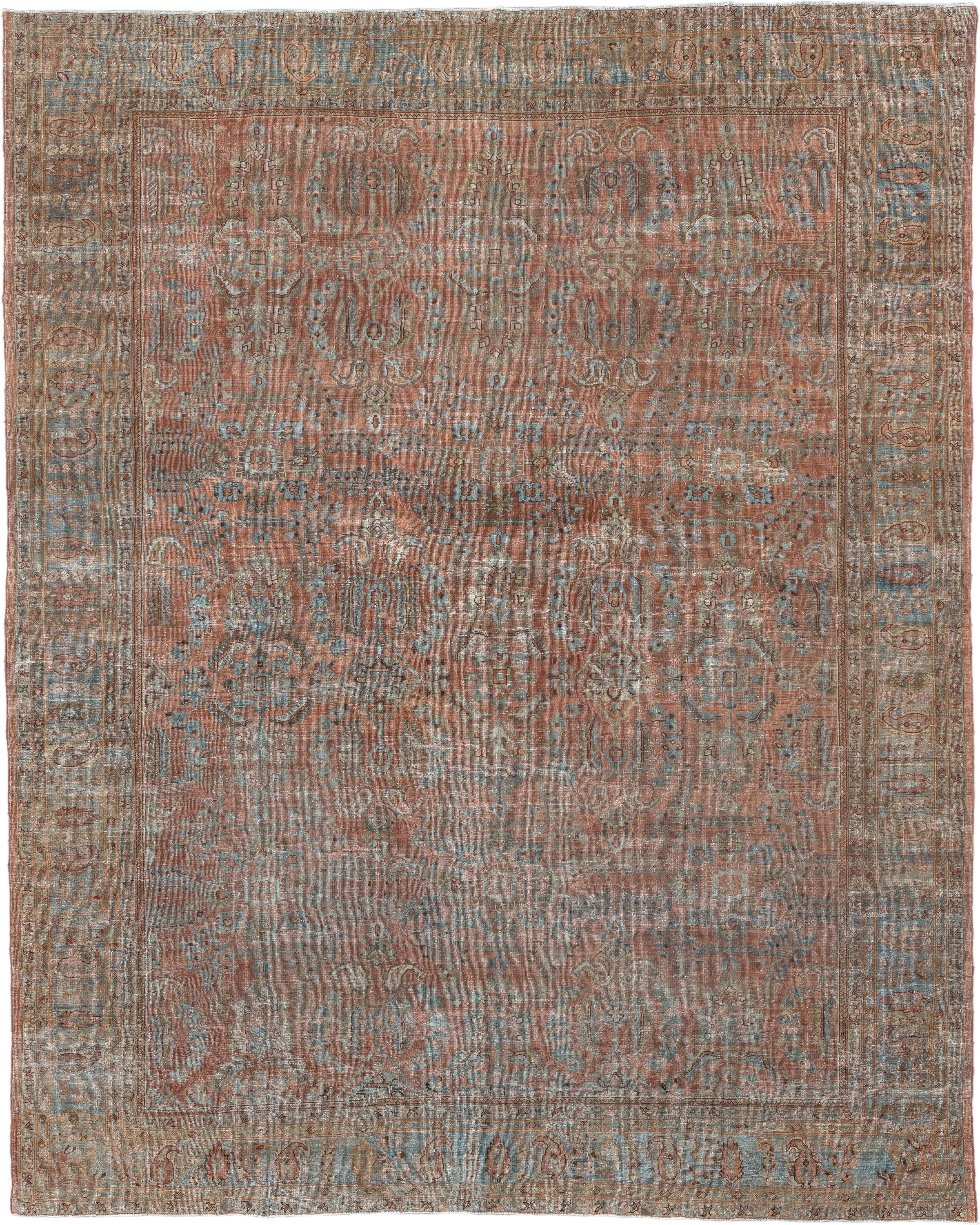 9' x 12' one-of-a-kind handmade antique Lilian large size rug. Color palette: terra cotta, dusty blue, taupe, ivory, sage