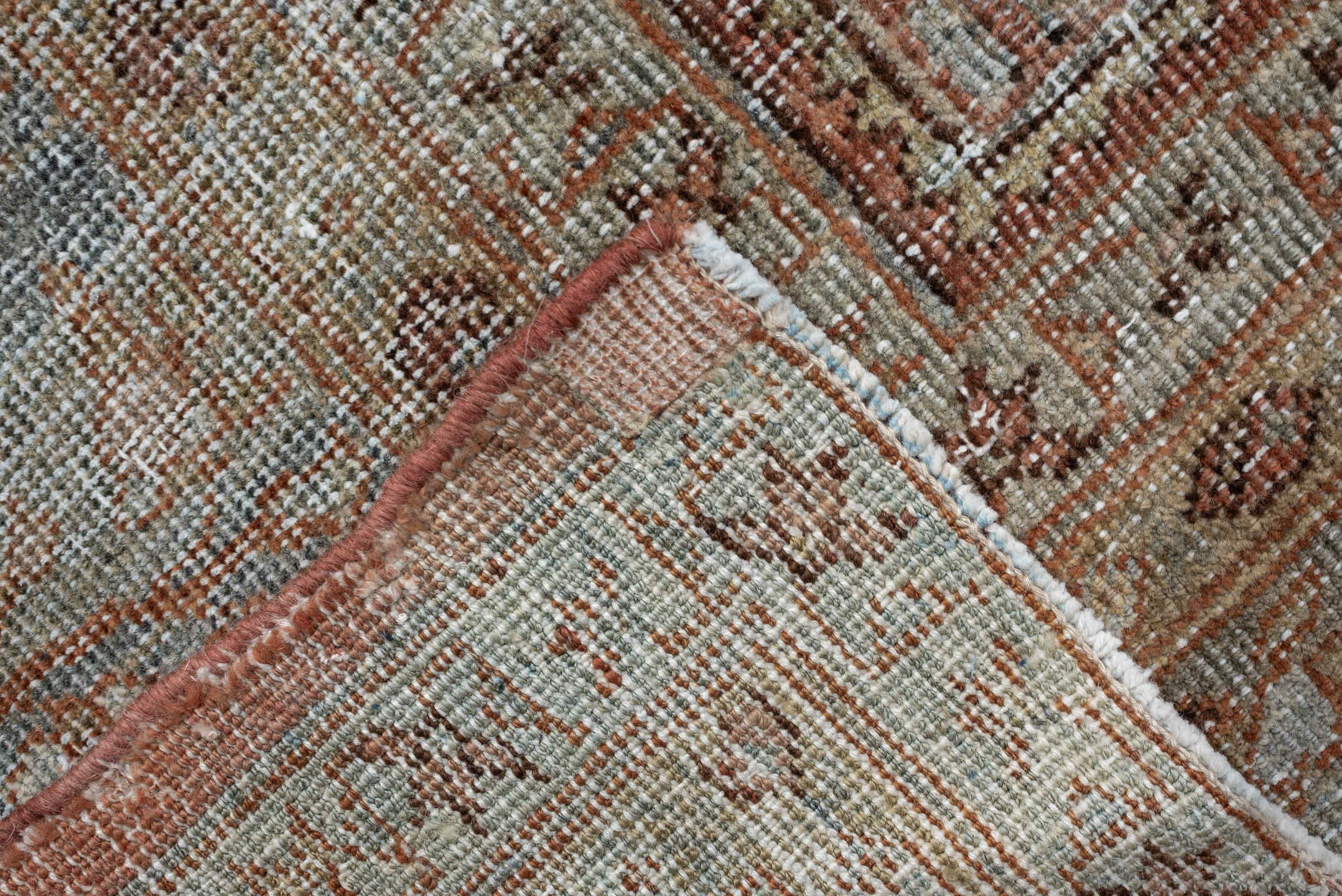 9' x 12' one-of-a-kind handmade antique Lilian large size rug. Color palette: terra cotta, dusty blue, taupe, ivory, sage