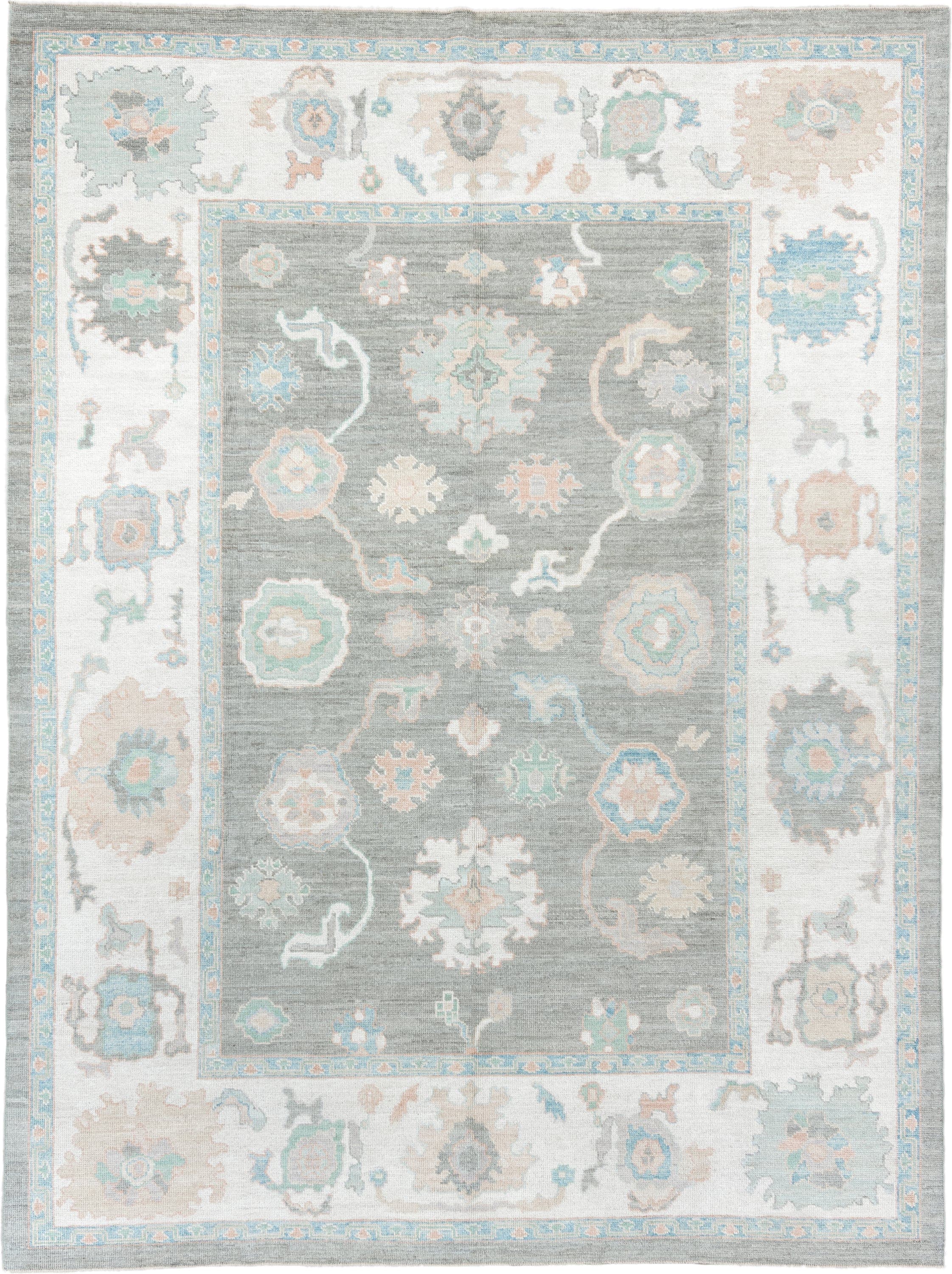 9' x 12' one-of-a-kind handmade vintage Oushak large size rug. Color palette: gray, ivory, pale aqua, taupe, blush, beige