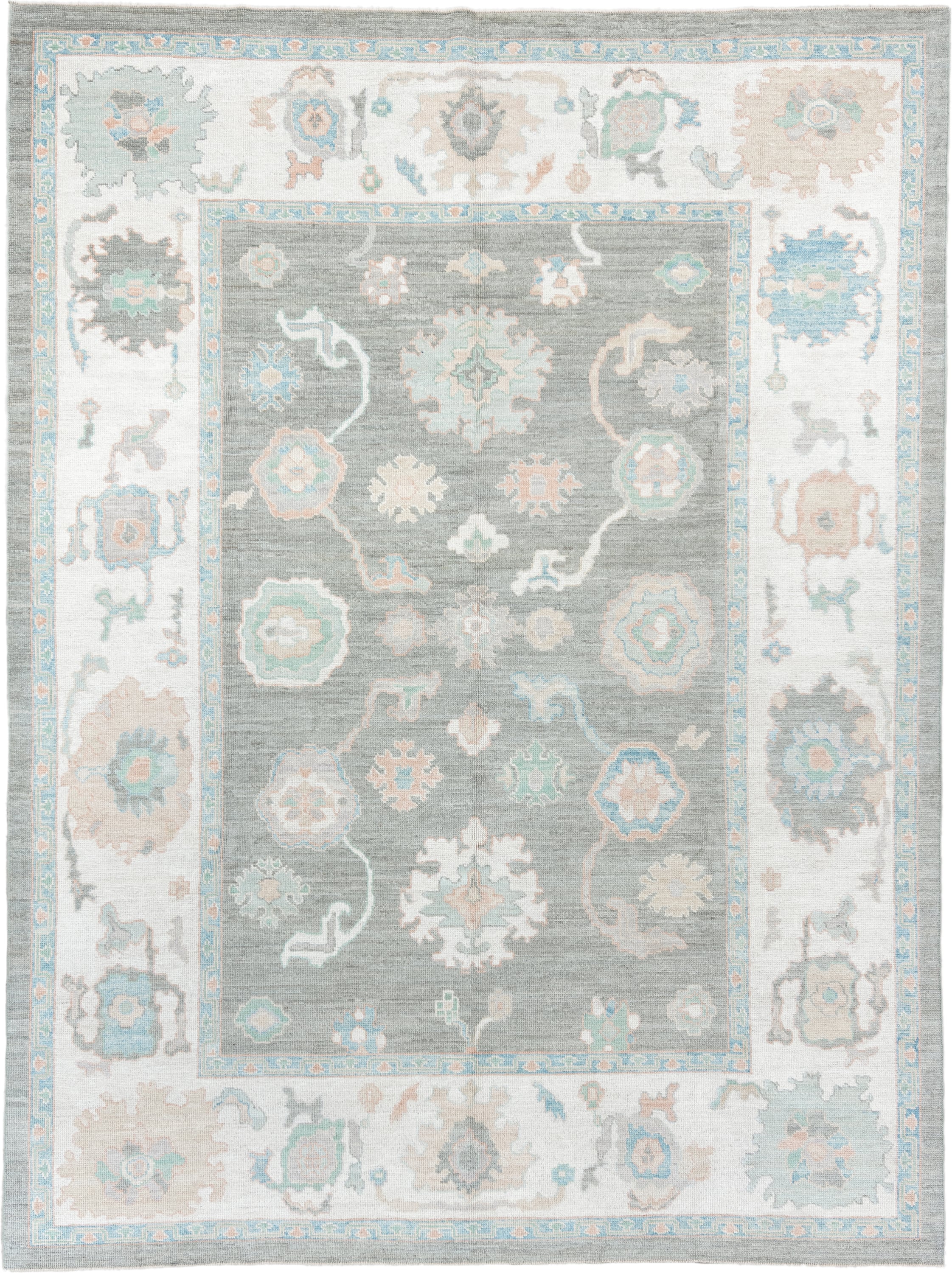 9' x 12' one-of-a-kind handmade vintage Oushak large size rug. Color palette: gray, ivory, pale aqua, taupe, blush, beige