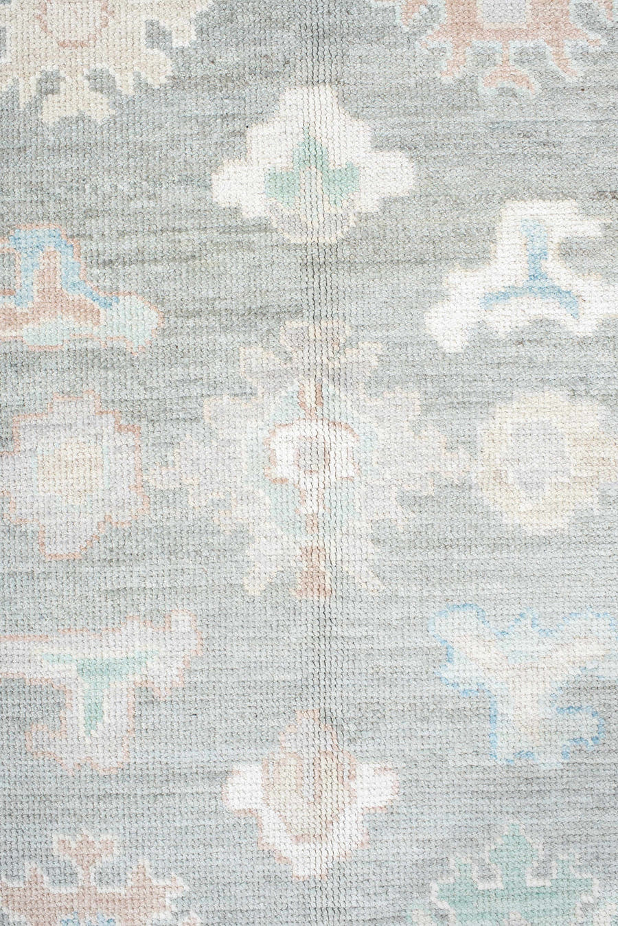 9' x 12' one-of-a-kind handmade vintage Oushak large size rug. Color palette: gray, ivory, pale aqua, taupe, blush, beige