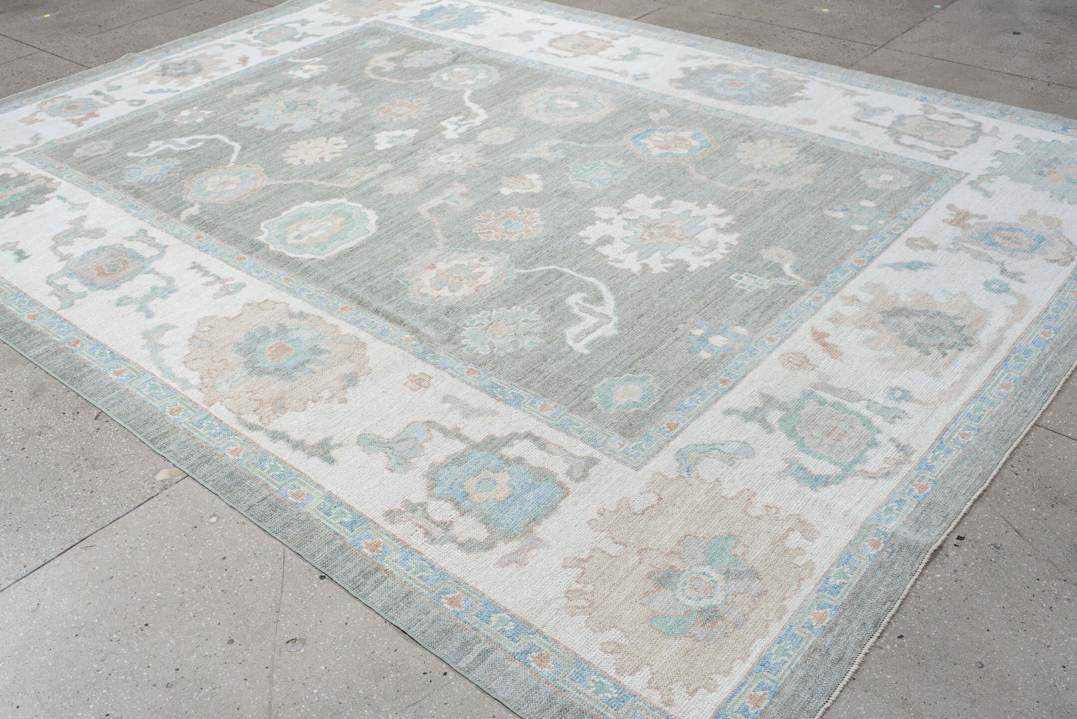 9' x 12' one-of-a-kind handmade vintage Oushak large size rug. Color palette: gray, ivory, pale aqua, taupe, blush, beige