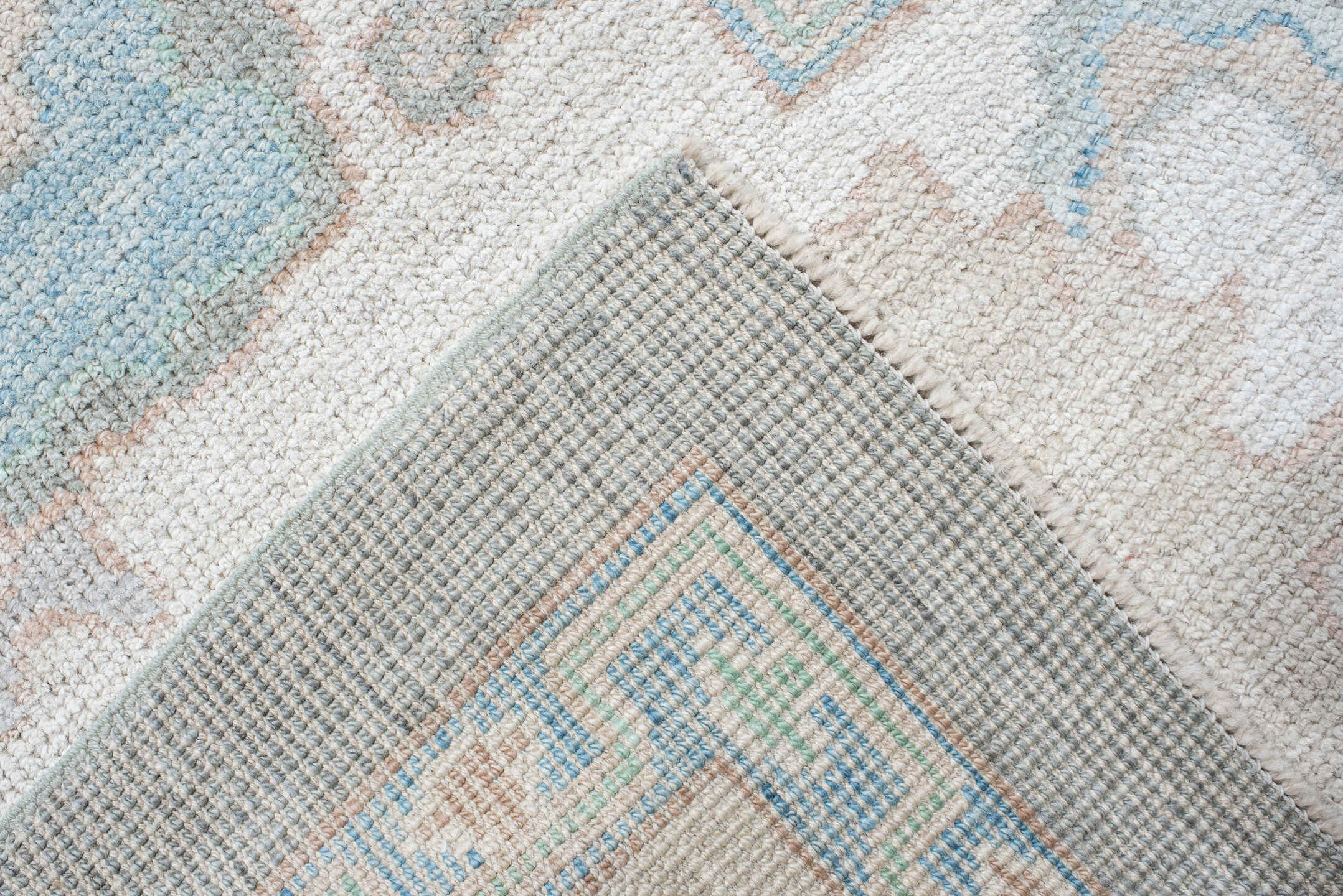 9' x 12' one-of-a-kind handmade vintage Oushak large size rug. Color palette: gray, ivory, pale aqua, taupe, blush, beige