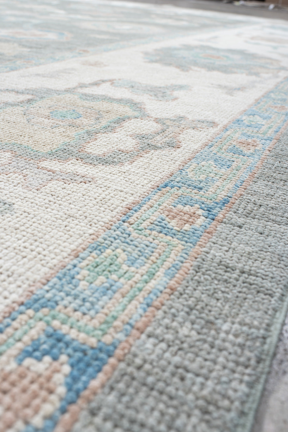 9' x 12' one-of-a-kind handmade vintage Oushak large size rug. Color palette: gray, ivory, pale aqua, taupe, blush, beige