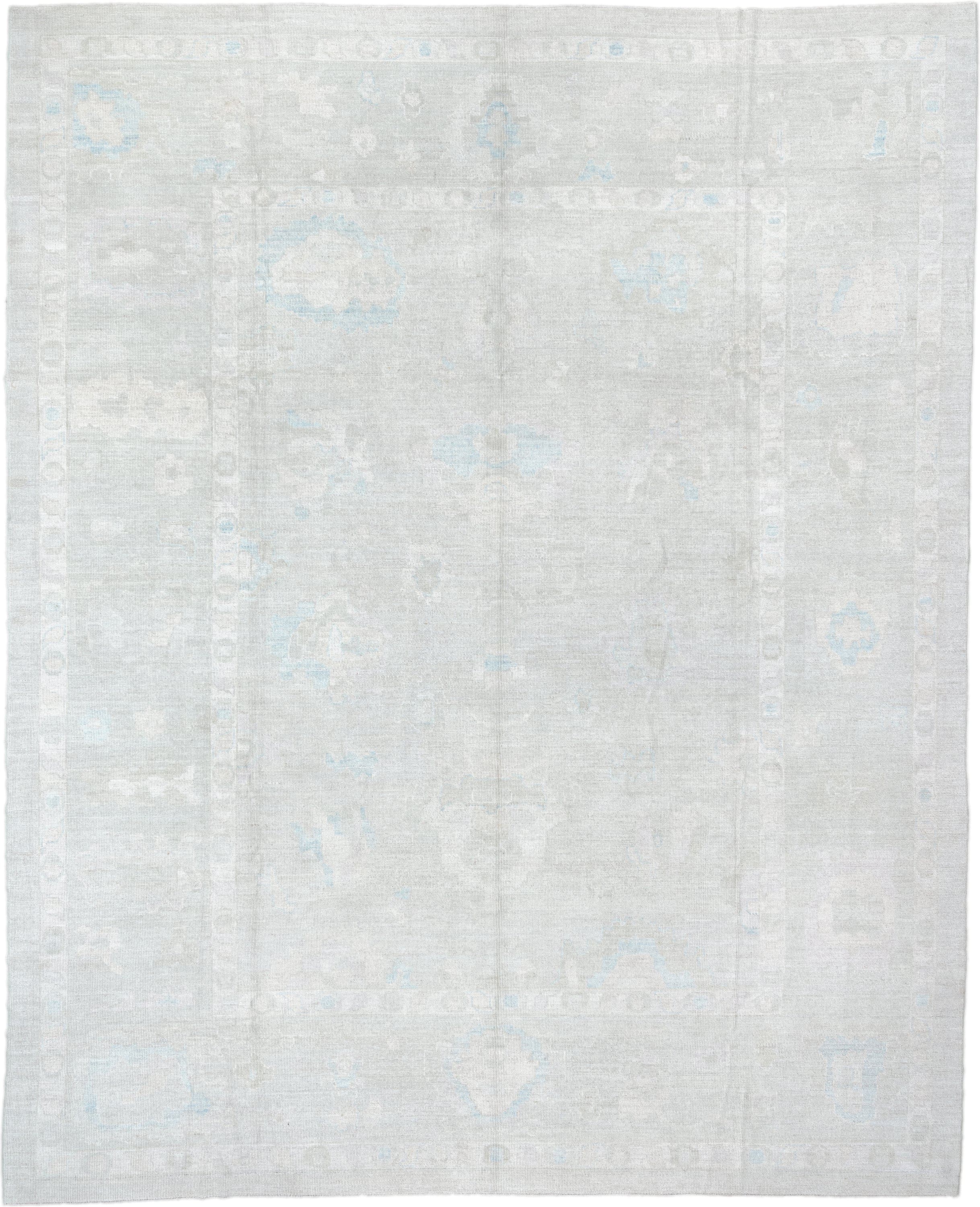 12' x 14' one-of-a-kind handmade vintage Oushak oversize rug. Color palette: ivory, pale blue, light gray, cream, light blue