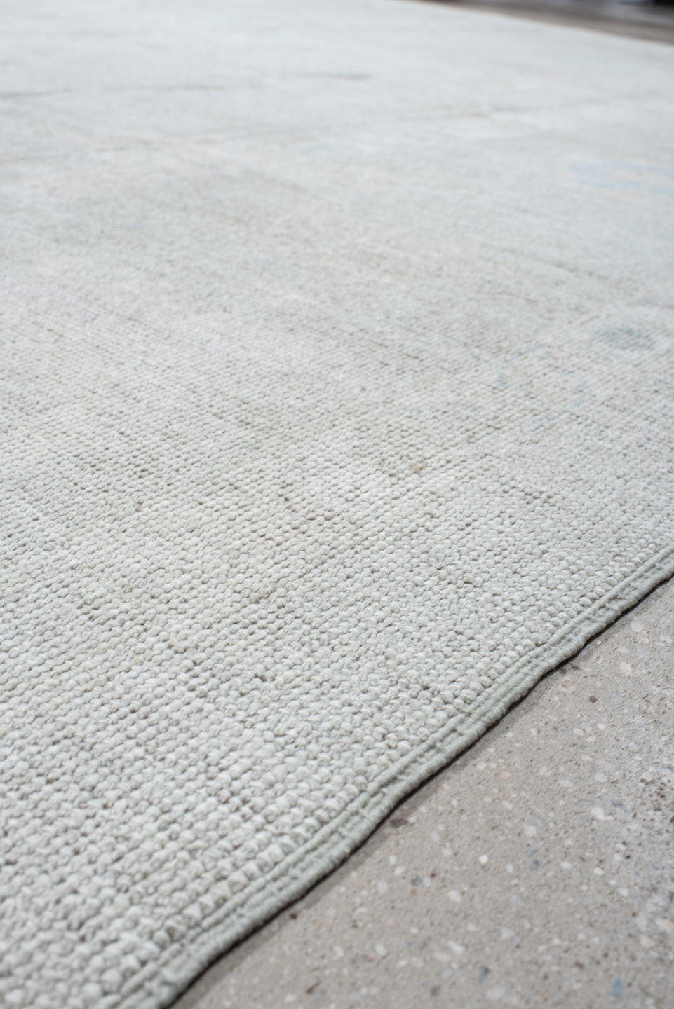 12' x 14' one-of-a-kind handmade vintage Oushak oversize rug. Color palette: ivory, pale blue, light gray, cream, light blue