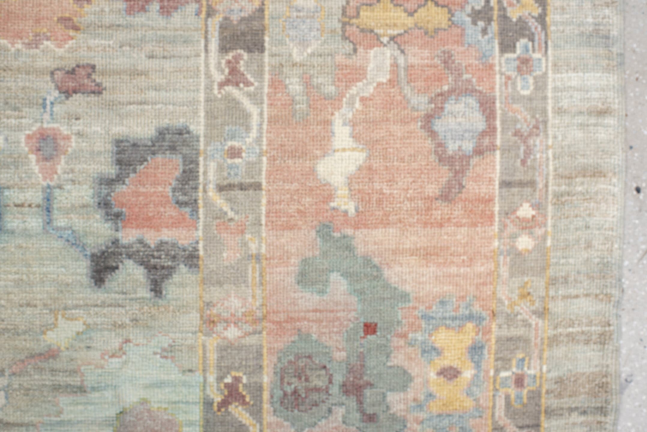 9' x 12' one-of-a-kind handmade vintage Oushak large size rug. Color palette: gray, salmon, aqua, slate, ivory, rust, taupe