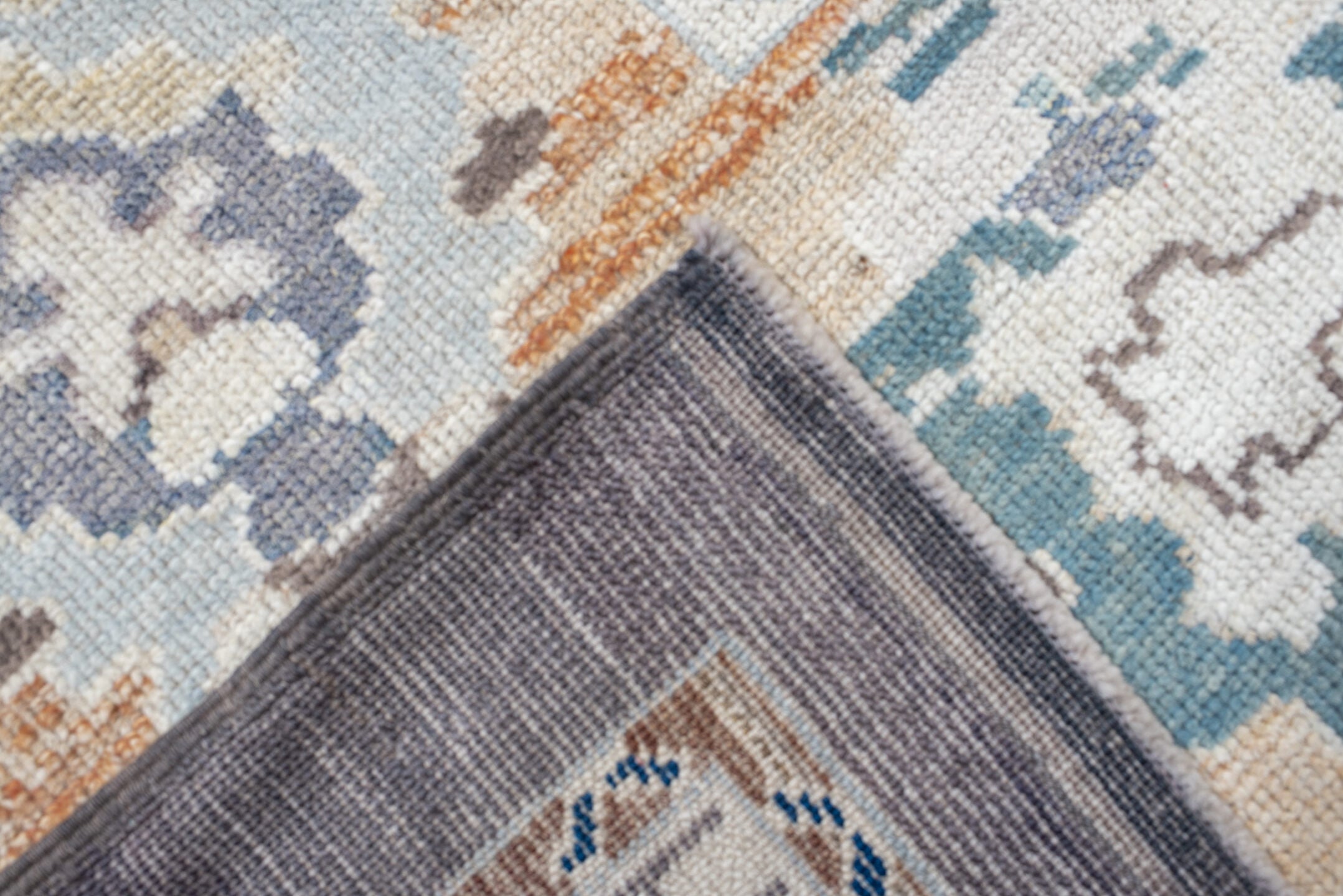 9' x 11' one-of-a-kind handmade vintage Oushak large size rug. Color palette: charcoal, apricot, ivory, sky blue, sage