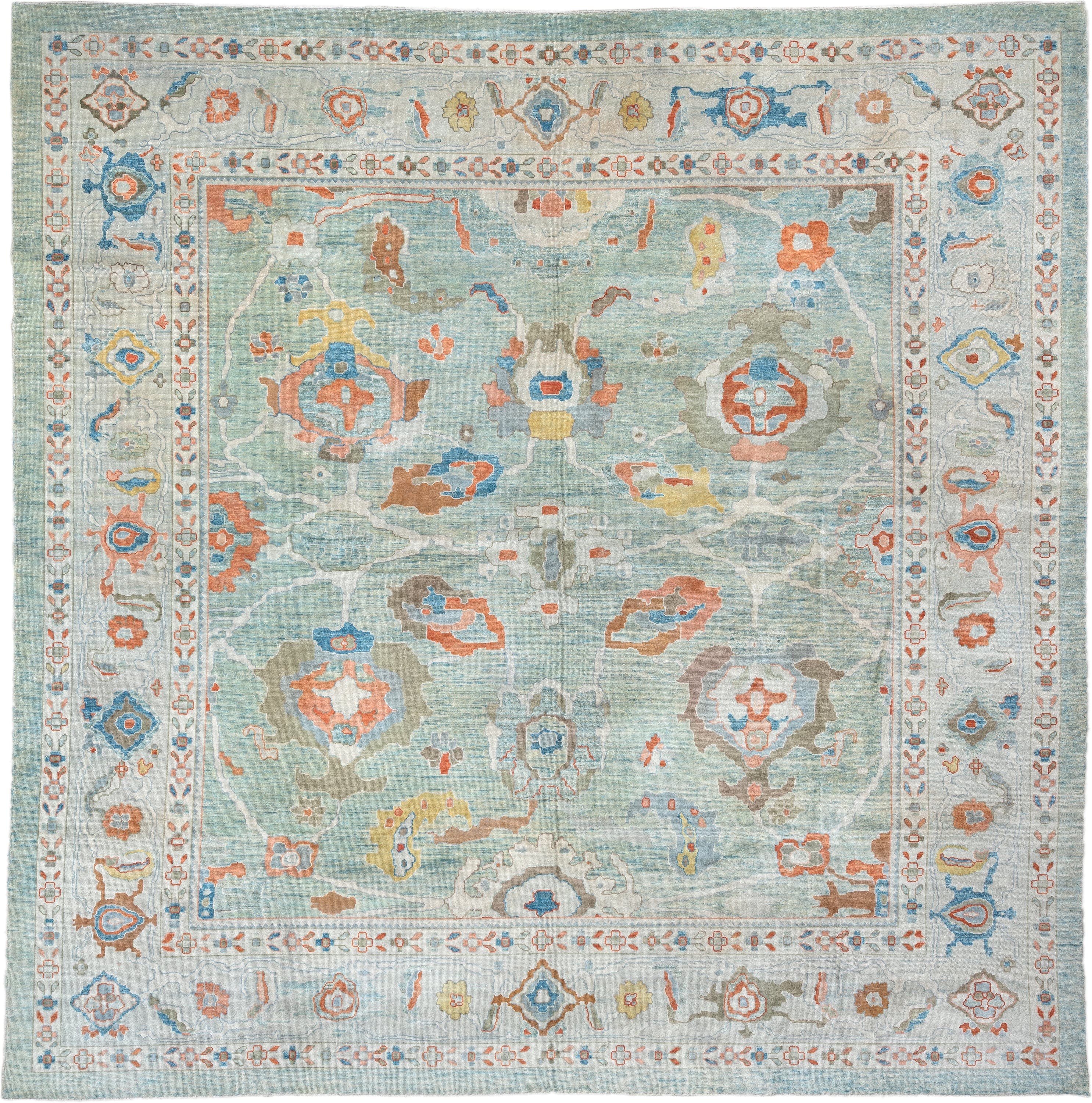 12' x 12' one-of-a-kind handmade vintage Sultanabad oversize rug. Color palette: aqua, ivory, coral, taupe, sky_blue, gold