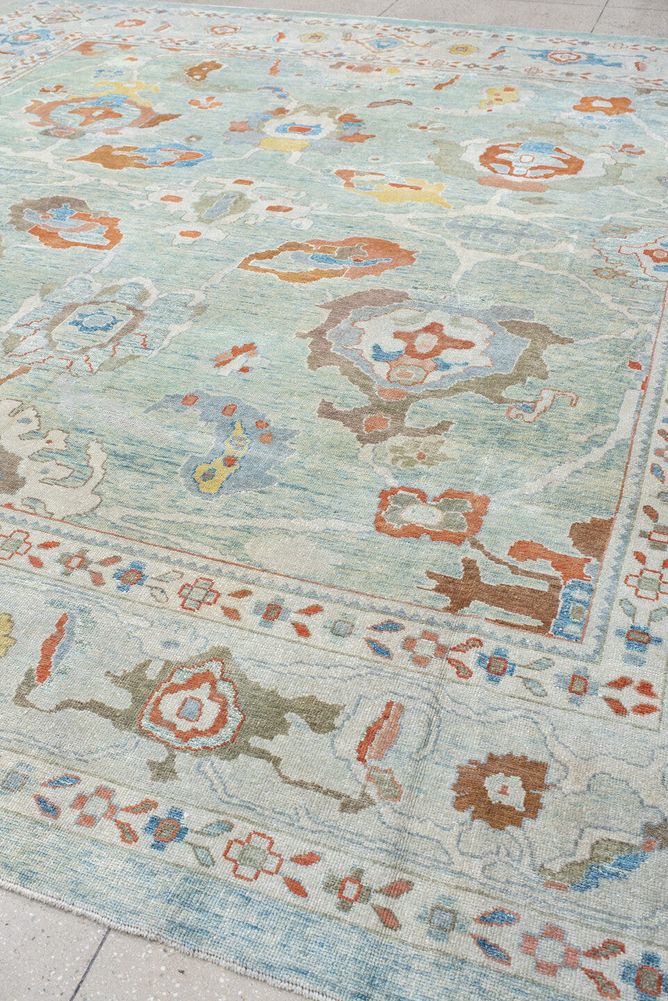 12' x 12' one-of-a-kind handmade vintage Sultanabad oversize rug. Color palette: aqua, ivory, coral, taupe, sky_blue, gold