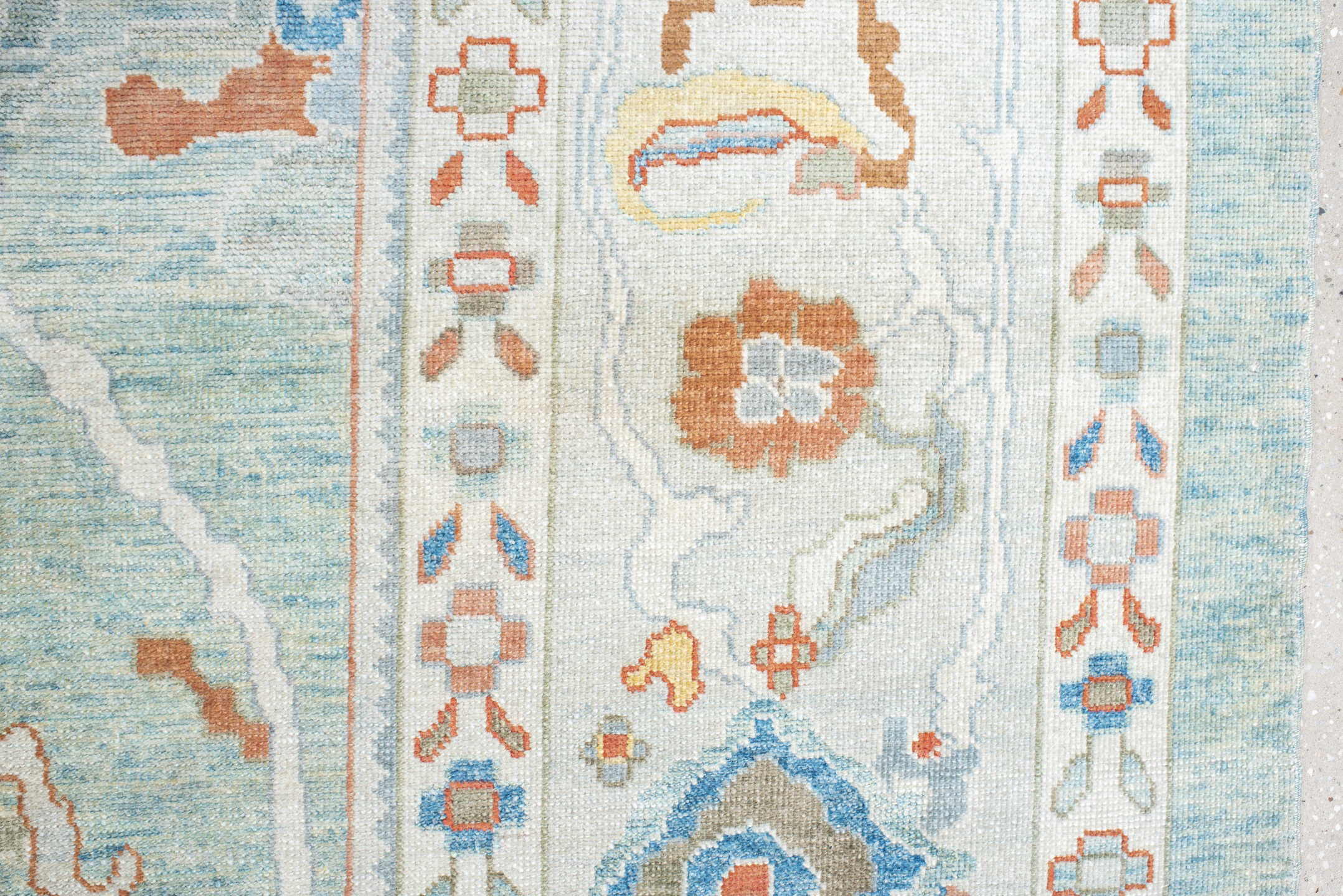 12' x 12' one-of-a-kind handmade vintage Sultanabad oversize rug. Color palette: aqua, ivory, coral, taupe, sky_blue, gold