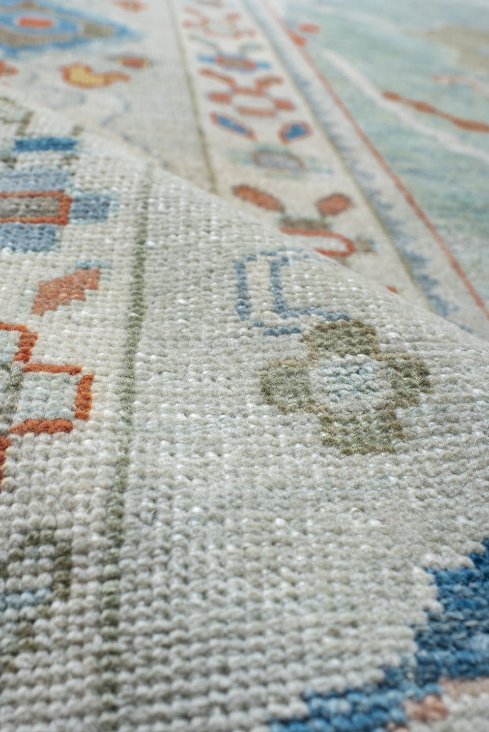 12' x 12' one-of-a-kind handmade vintage Sultanabad oversize rug. Color palette: aqua, ivory, coral, taupe, sky_blue, gold