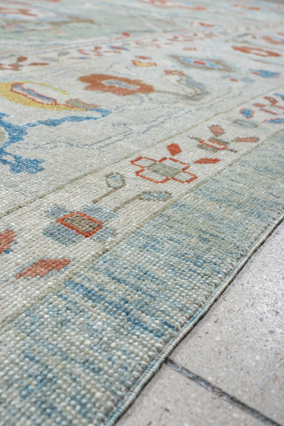 12' x 12' one-of-a-kind handmade vintage Sultanabad oversize rug. Color palette: aqua, ivory, coral, taupe, sky_blue, gold