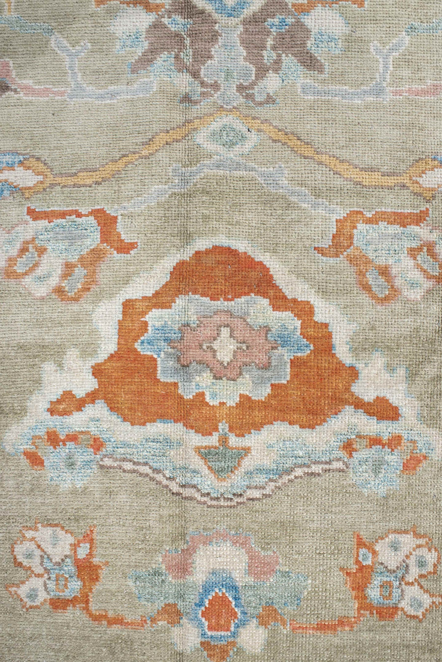 10' x 13' one-of-a-kind handmade vintage Sultanabad large size rug. Color palette: sage, ivory, sky blue, coral, taupe