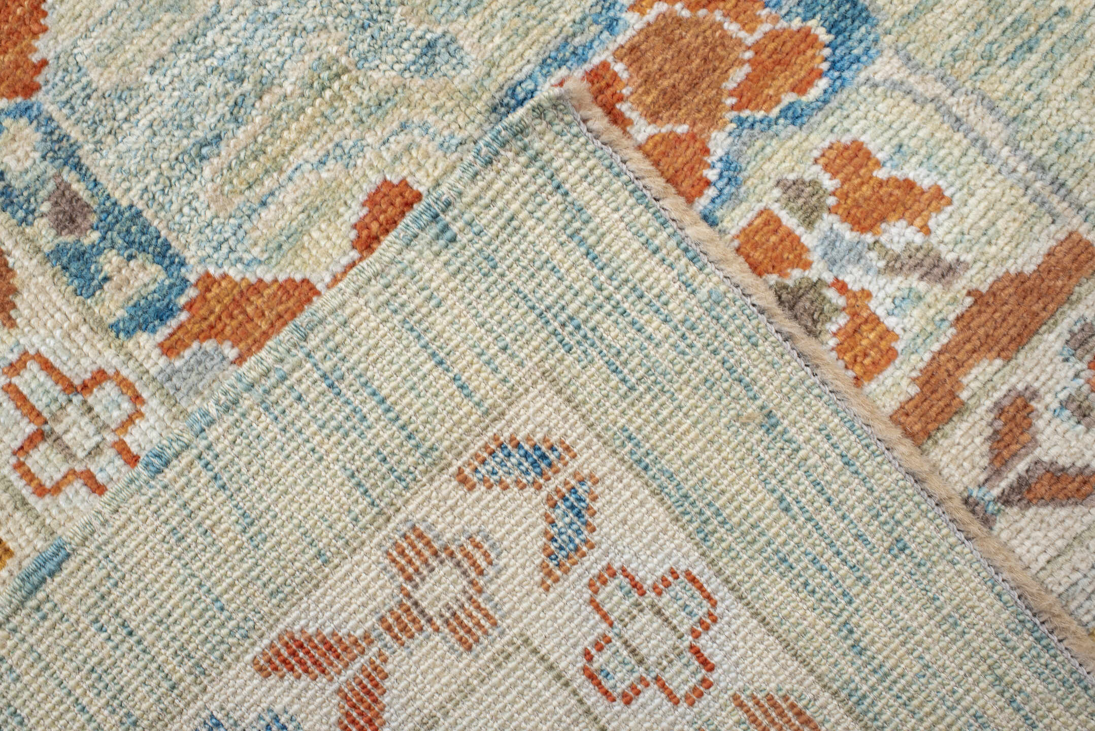 8' x 10' one-of-a-kind handmade vintage Sultanabad large size rug. Color palette: aqua, ivory, rust, sky blue, taupe, gold