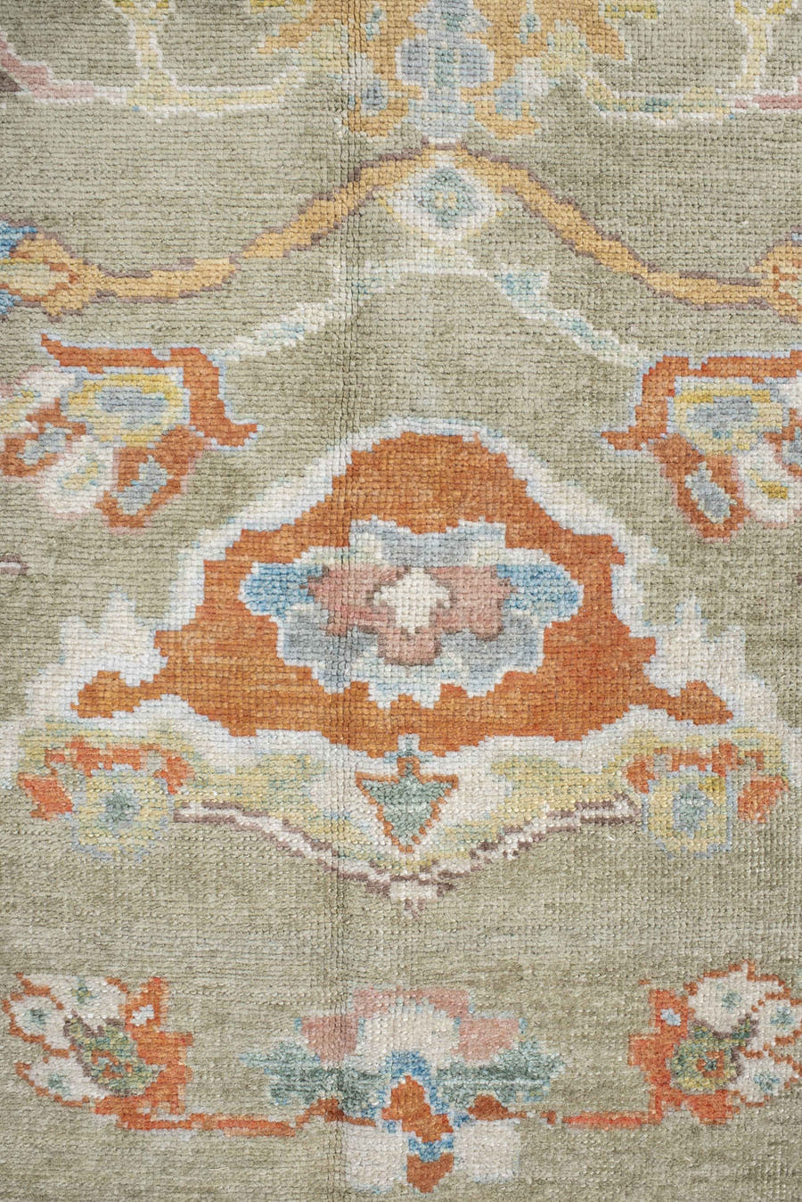 8' x 10' one-of-a-kind handmade vintage Sultanabad large size rug. Color palette: taupe, ivory, pale blue, coral, blush